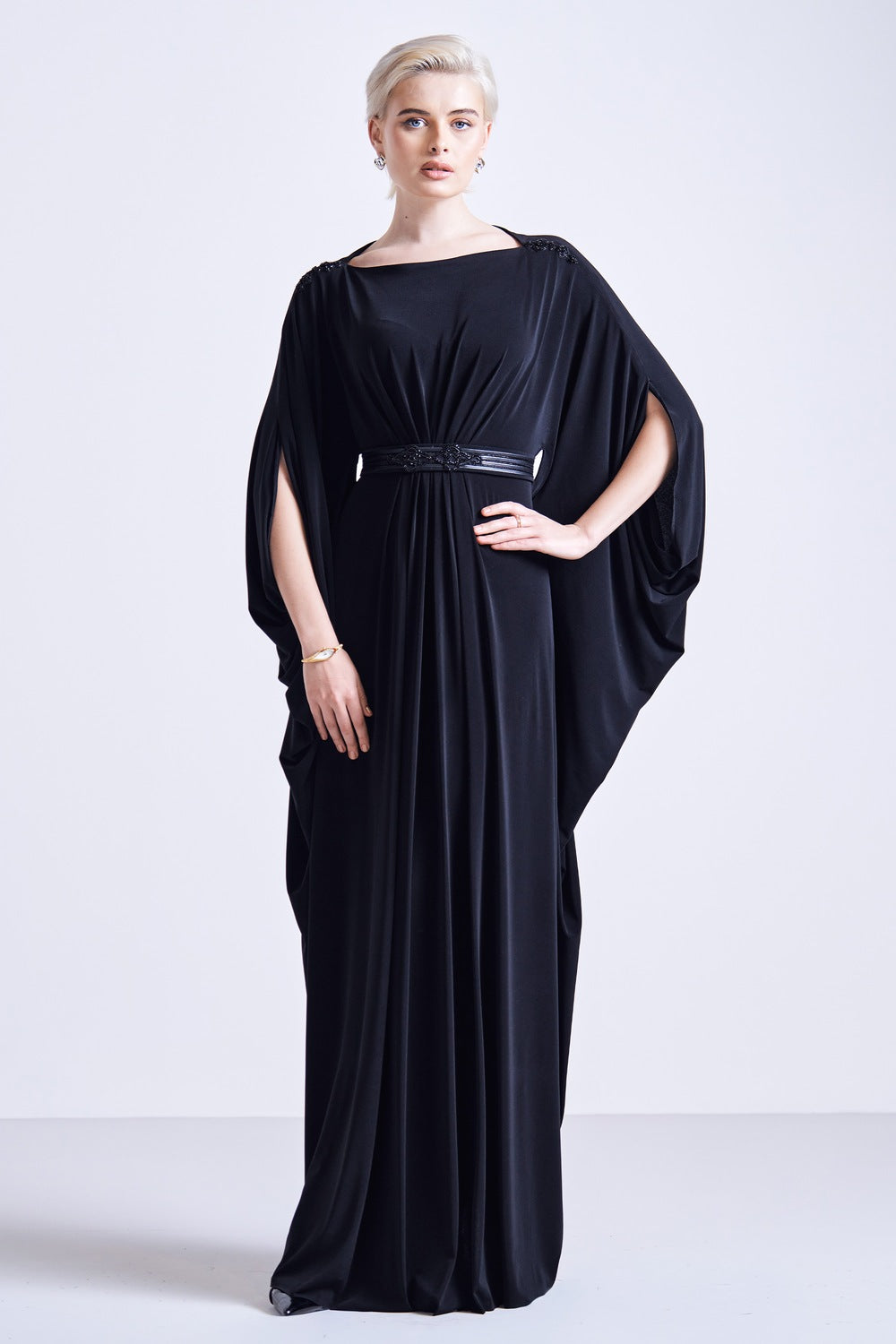 Asymmetric Dress with Embellished Belt