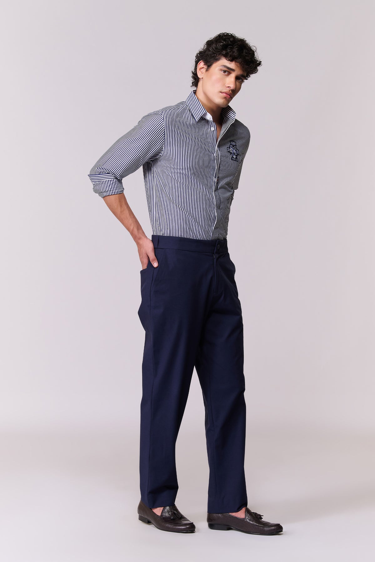 SNCC Navy Striped Shirt with Contrasting Placket