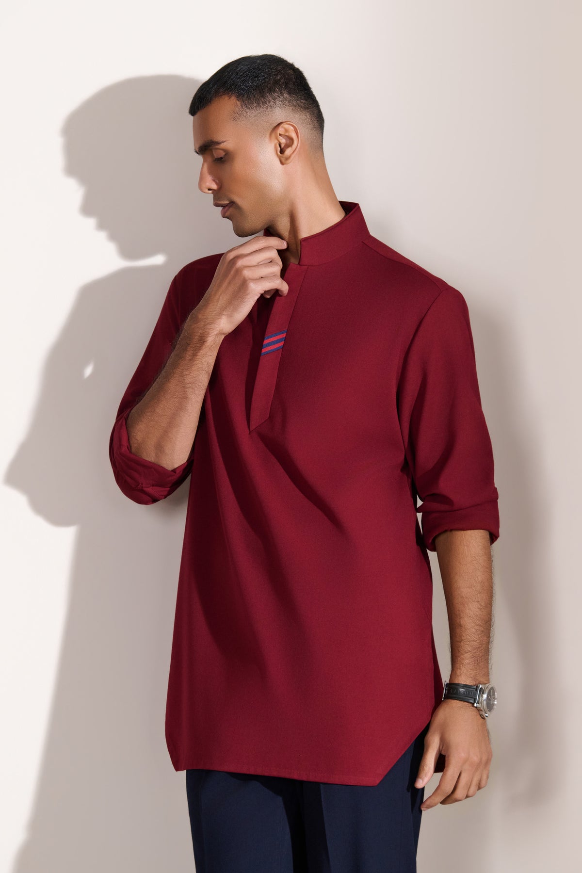 Cherry Kurta with Navy Tape Detail