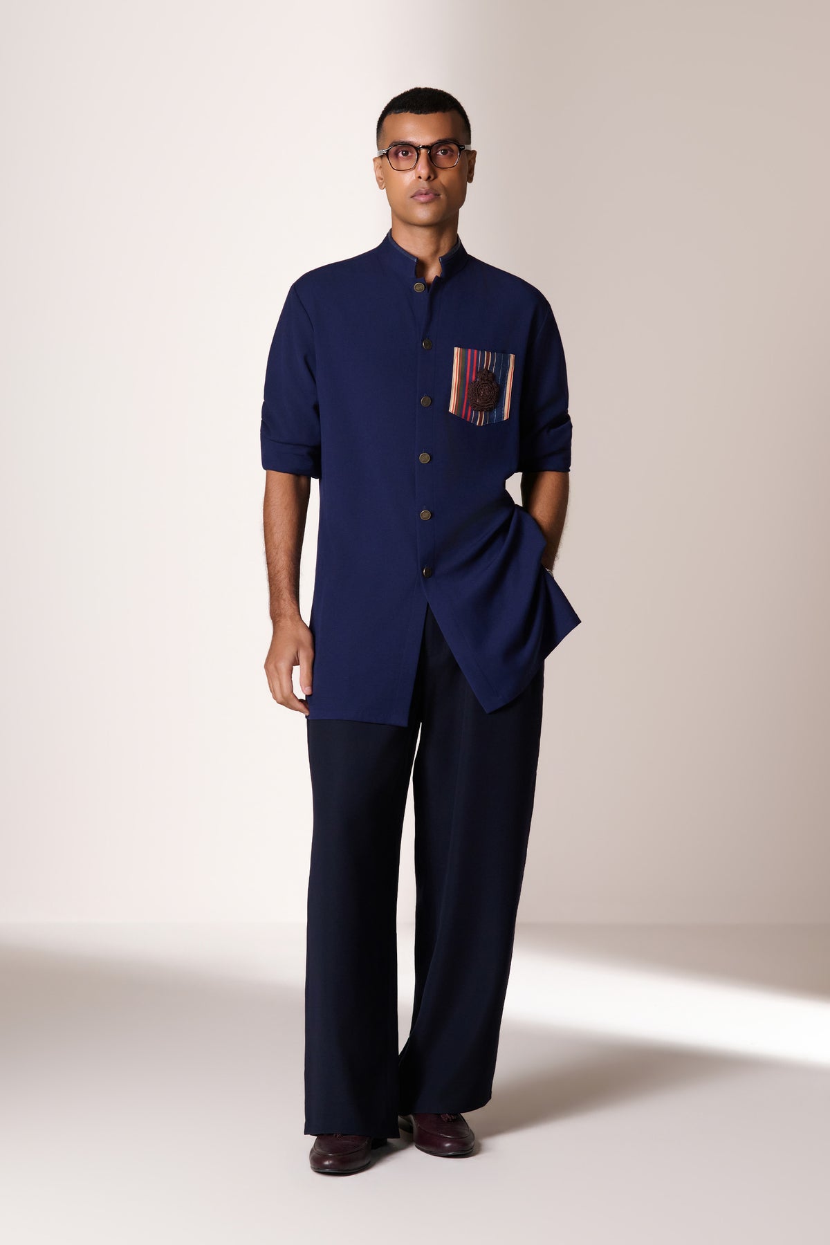 Navy Crest Stripe Pocket Kurta