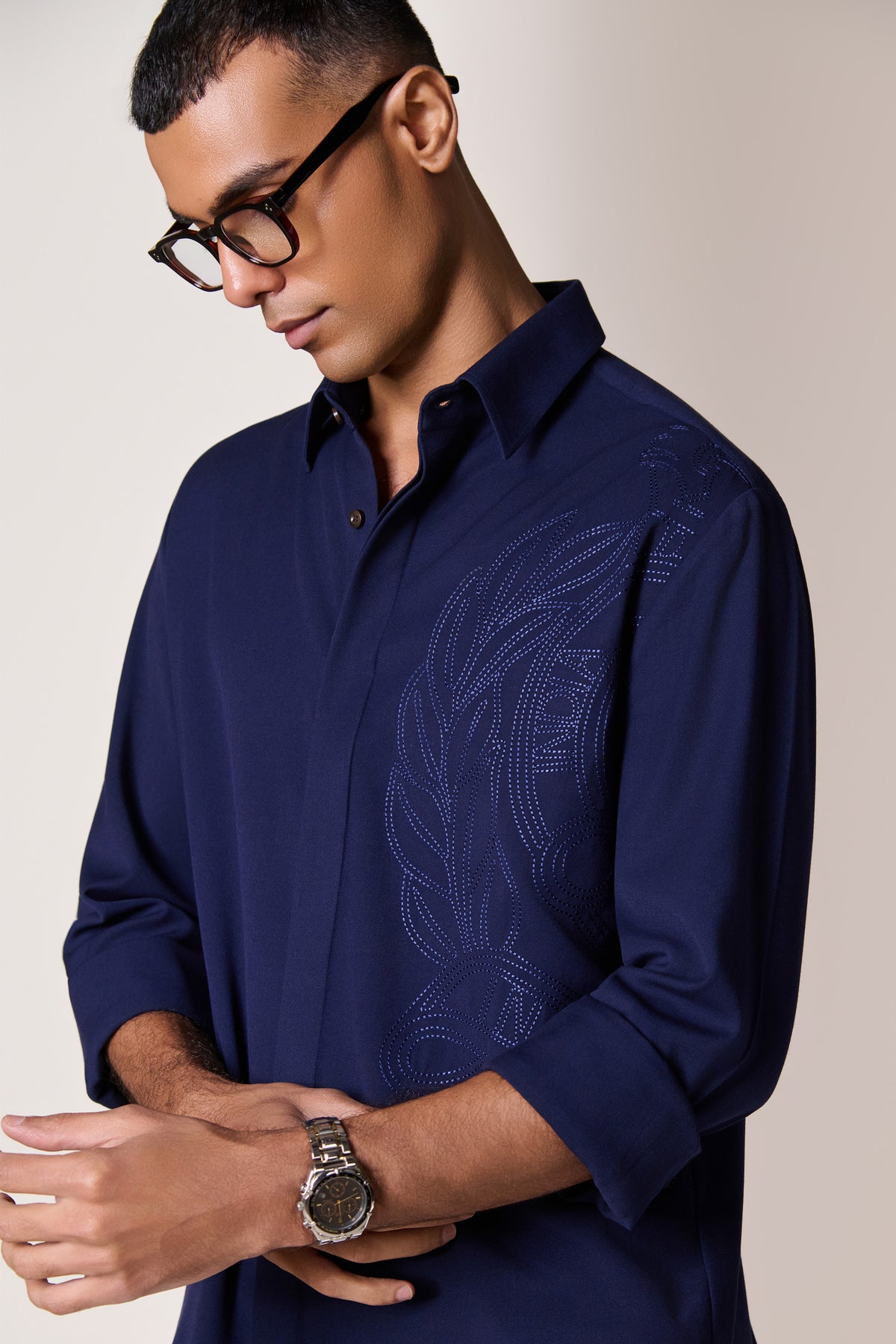 Navy Crest Embroidered Shirt