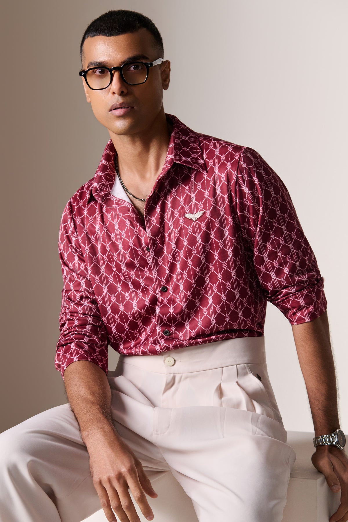 Cherry Silk Twill Adamas Printed Shirt