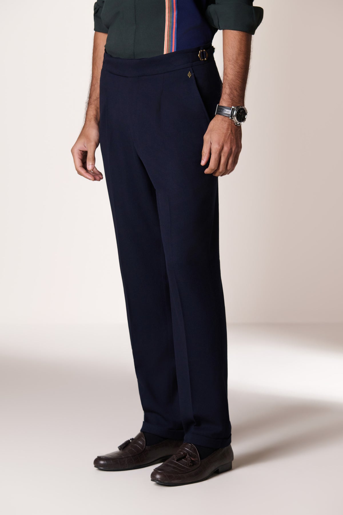 Navy Single Pleat Buckle Trousers