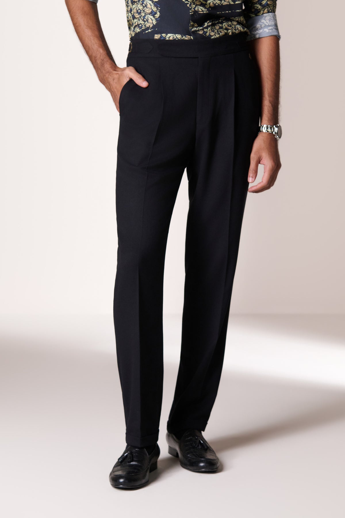 Black Single Pleat Buckle Trousers