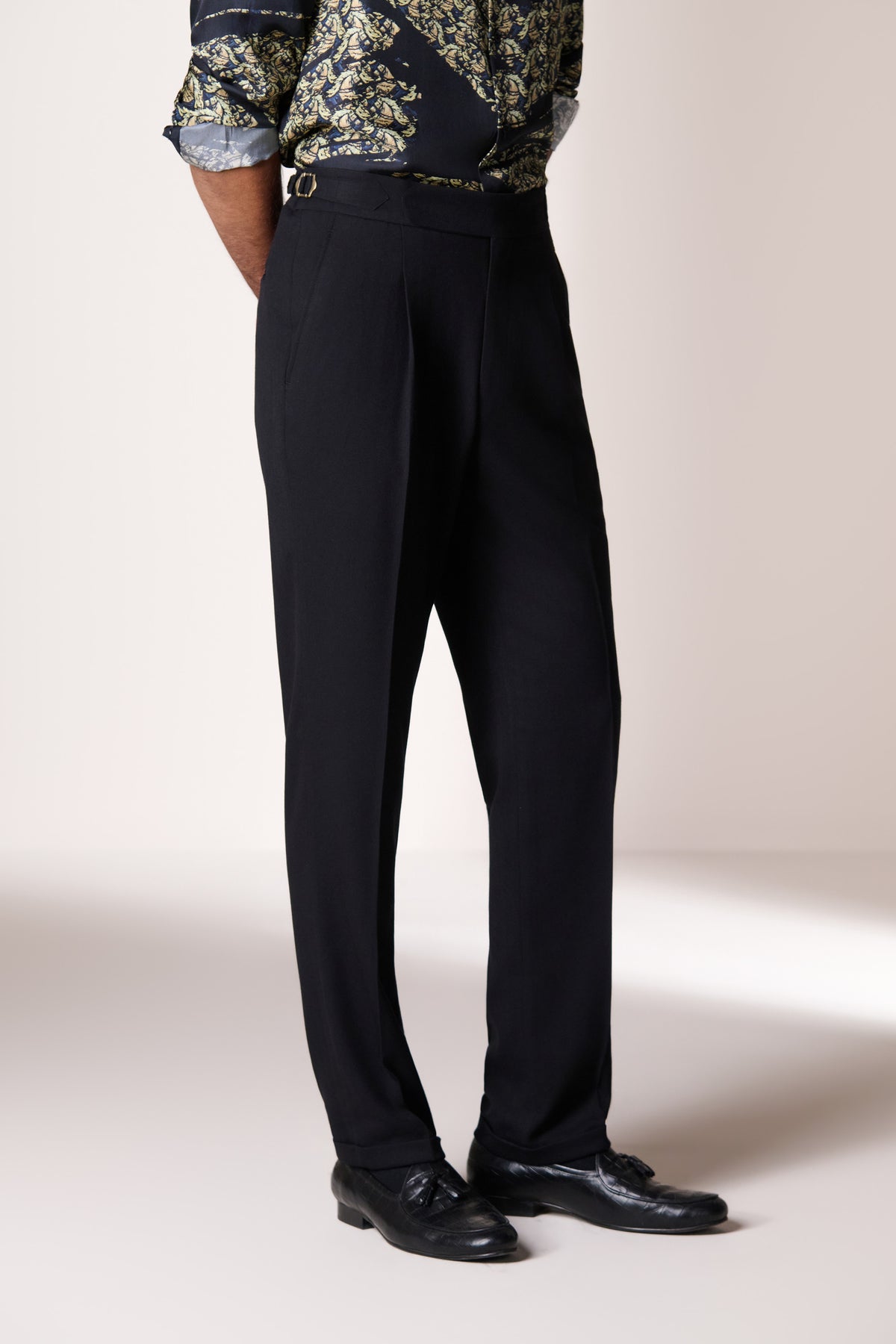 Black Single Pleat Buckle Trousers