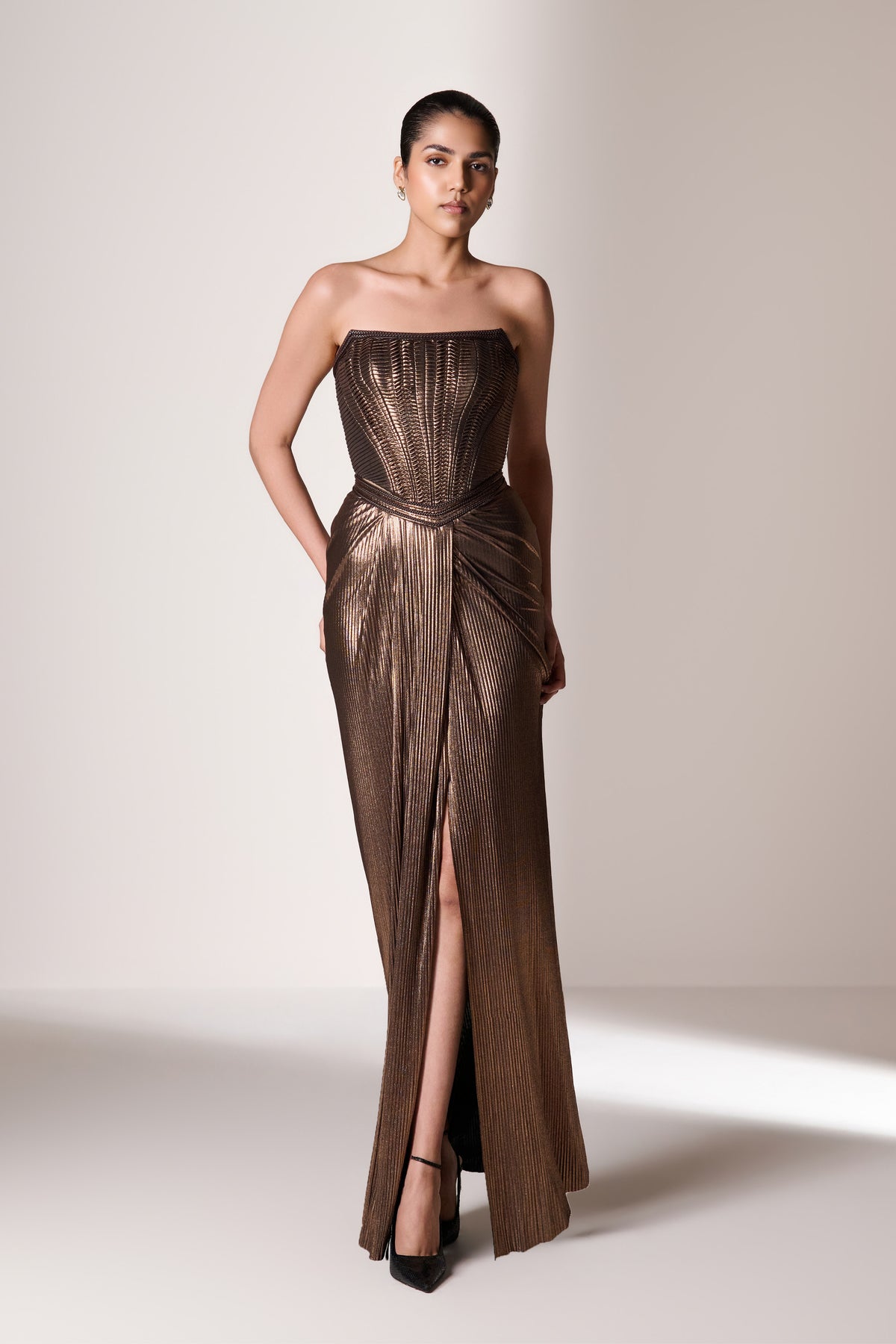 Metallic Brown Pleat Detail Corset Top