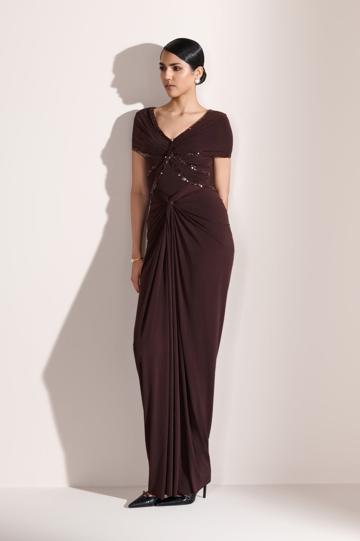 Choco Twisted Drape Sequin Gown