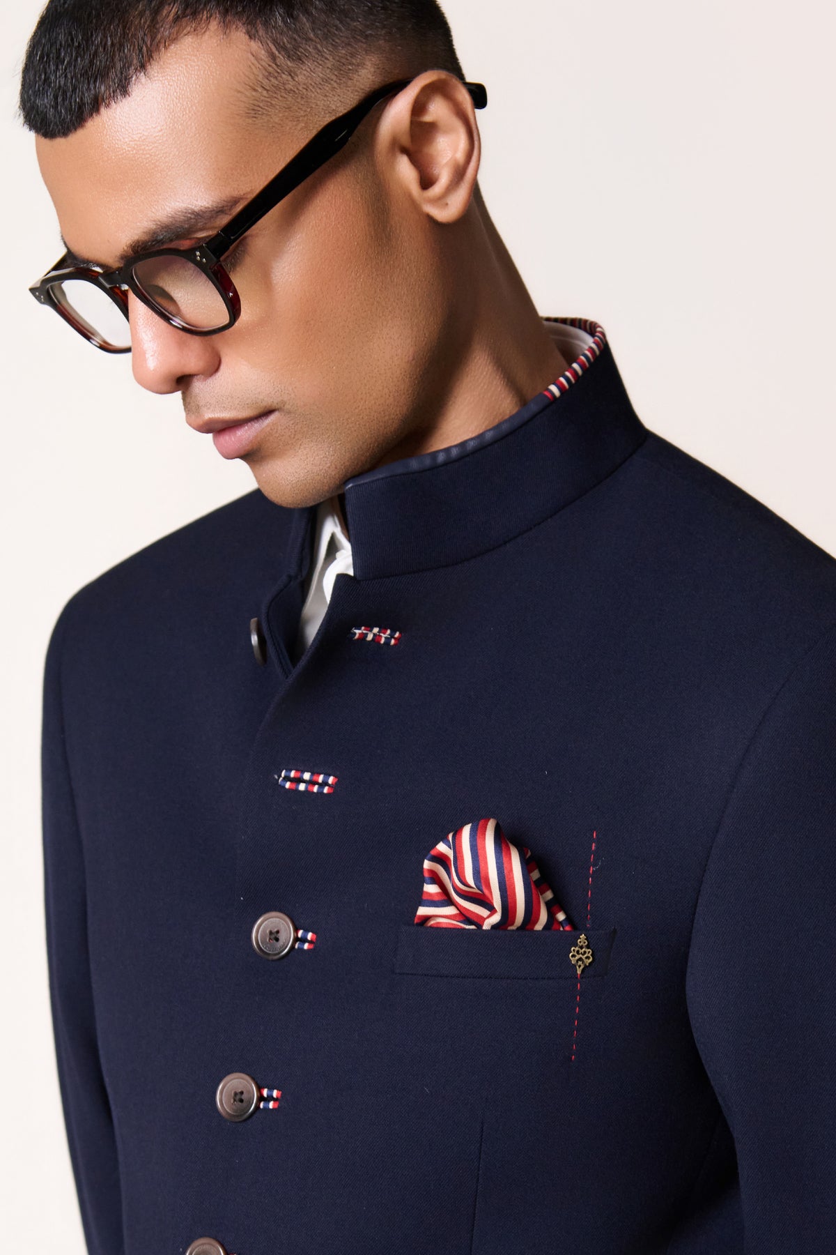 Navy Printed Buttonhole Bandhgala