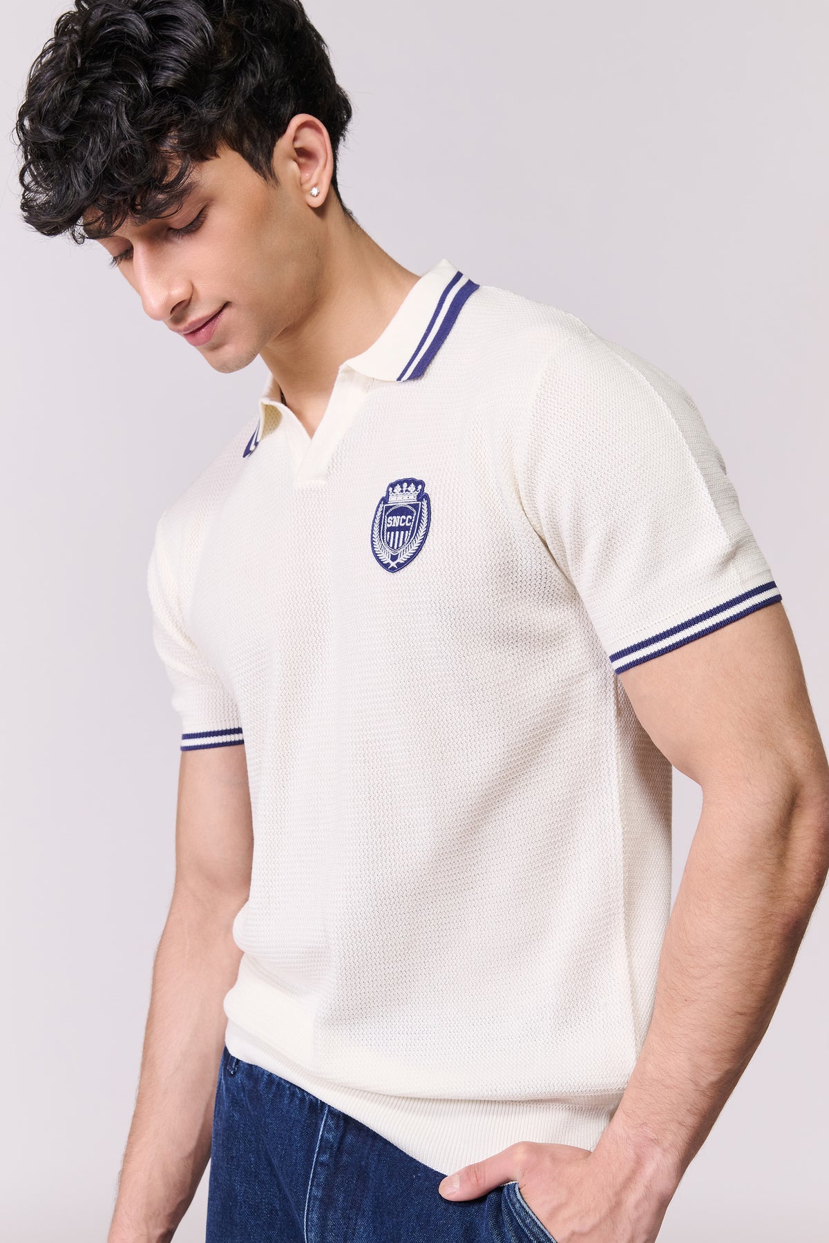 SNCC Off White Knitted Crest Polo T-Shirt