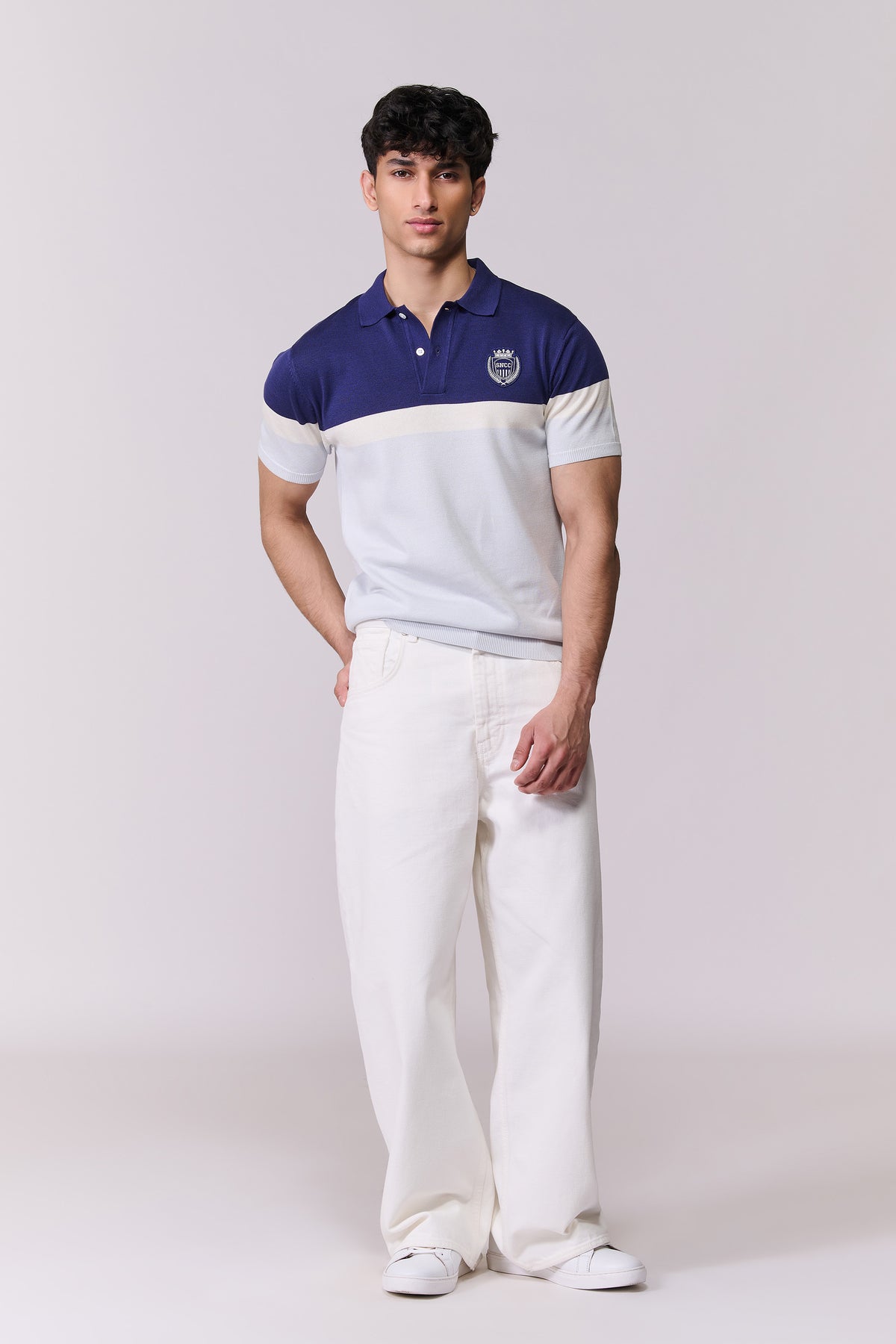 SNCC Navy-White Colour-Block Knit Polo