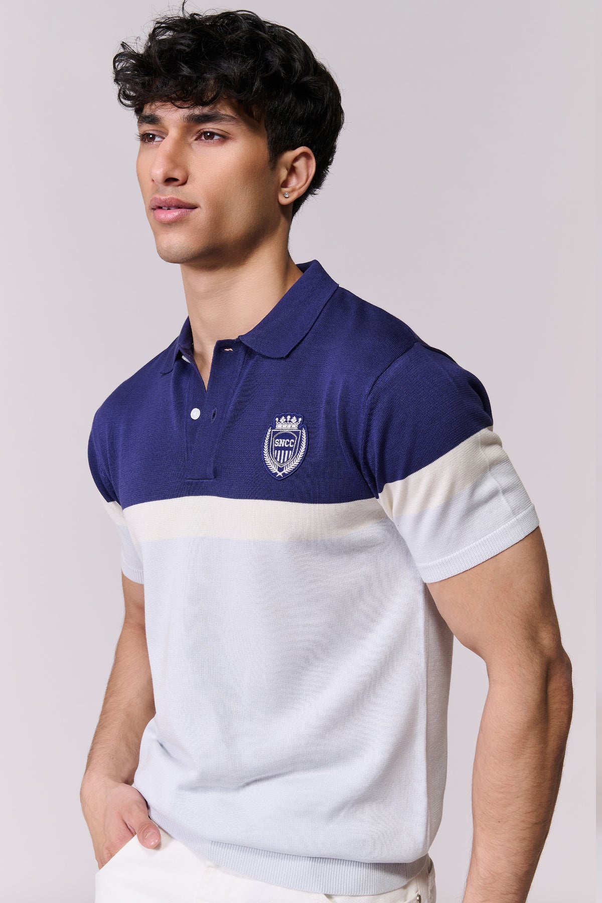 SNCC Navy-White Colour-Block Knit Polo
