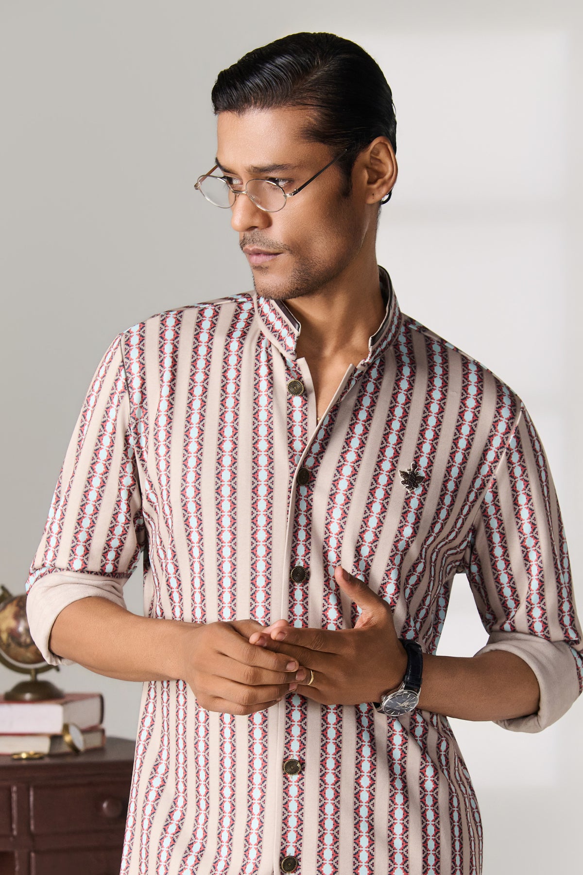 Beige Striped Bandhgala Collar Kurta