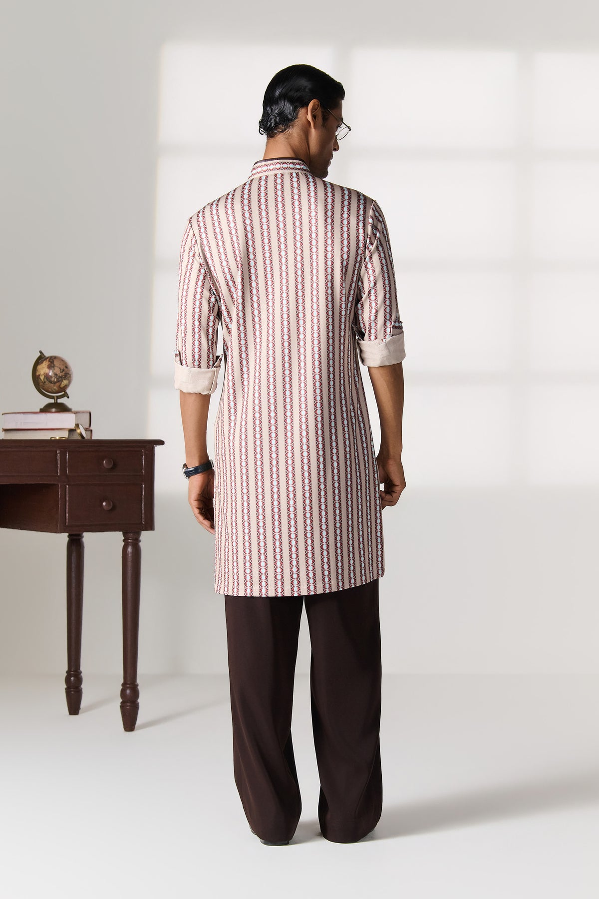 Beige Striped Bandhgala Collar Kurta