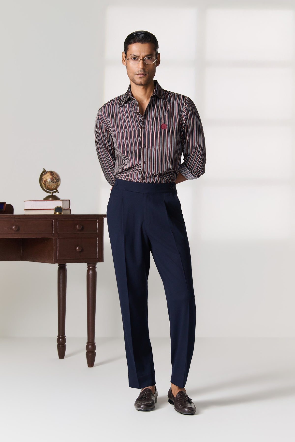 Grey Striped Mandarin Collar Shirt