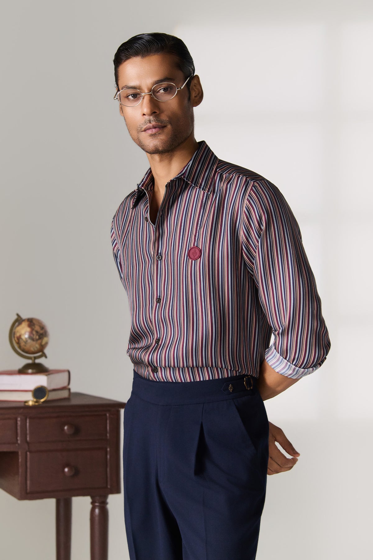 Grey Striped Mandarin Collar Shirt