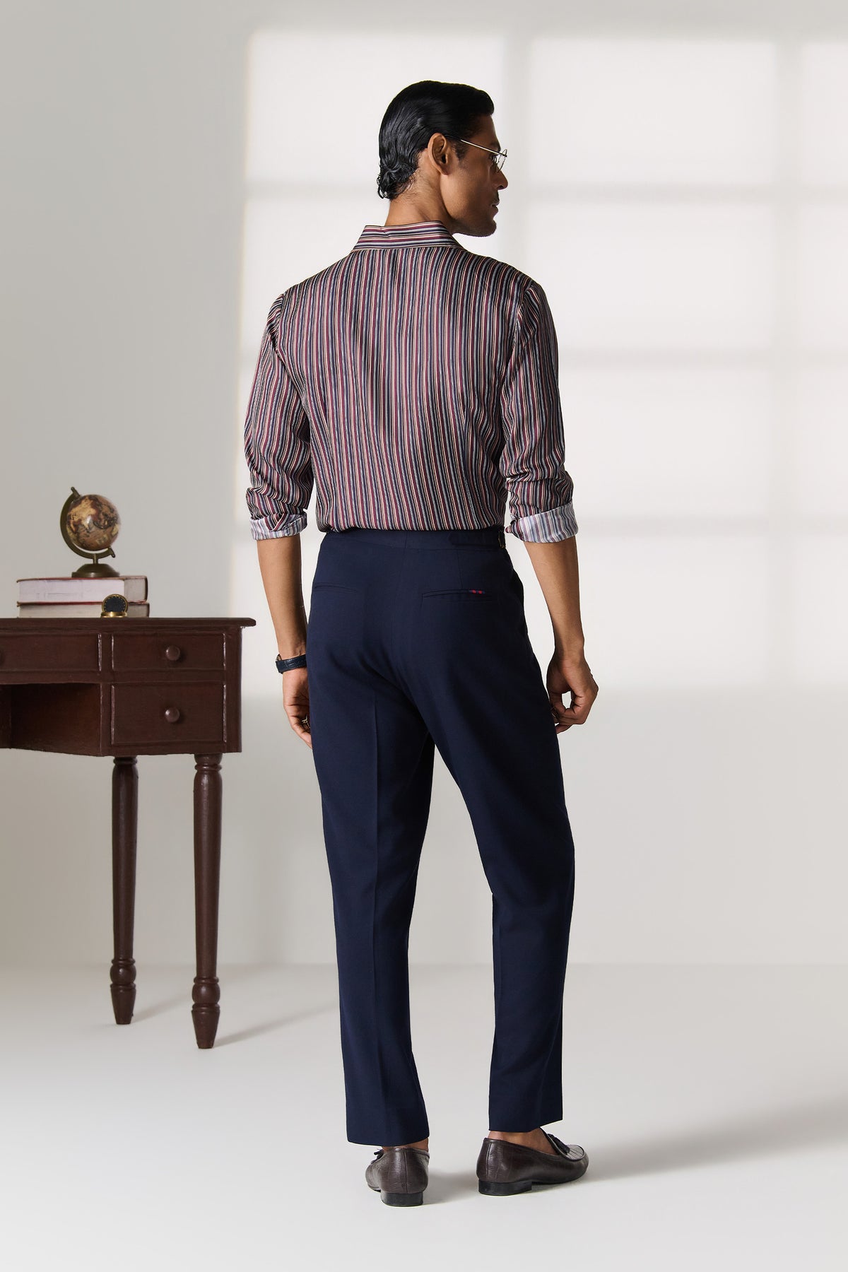 Grey Striped Mandarin Collar Shirt
