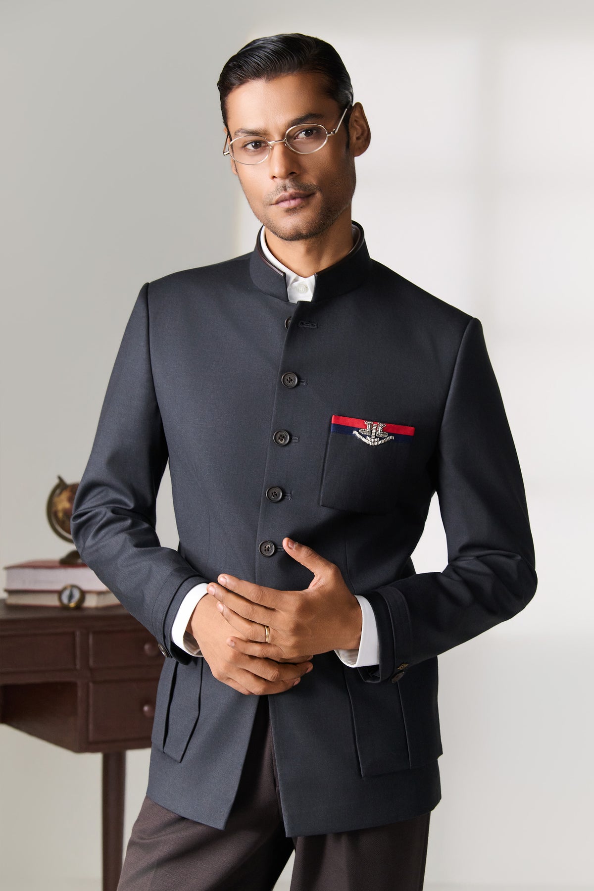 Charcoal Bandhgala Jacket with Medal Pocket Detail