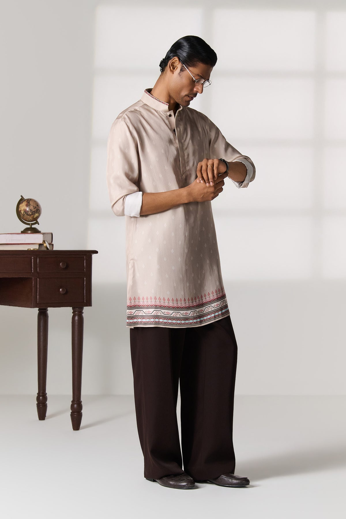 Beige Silk Twill Kurta with Woven Border