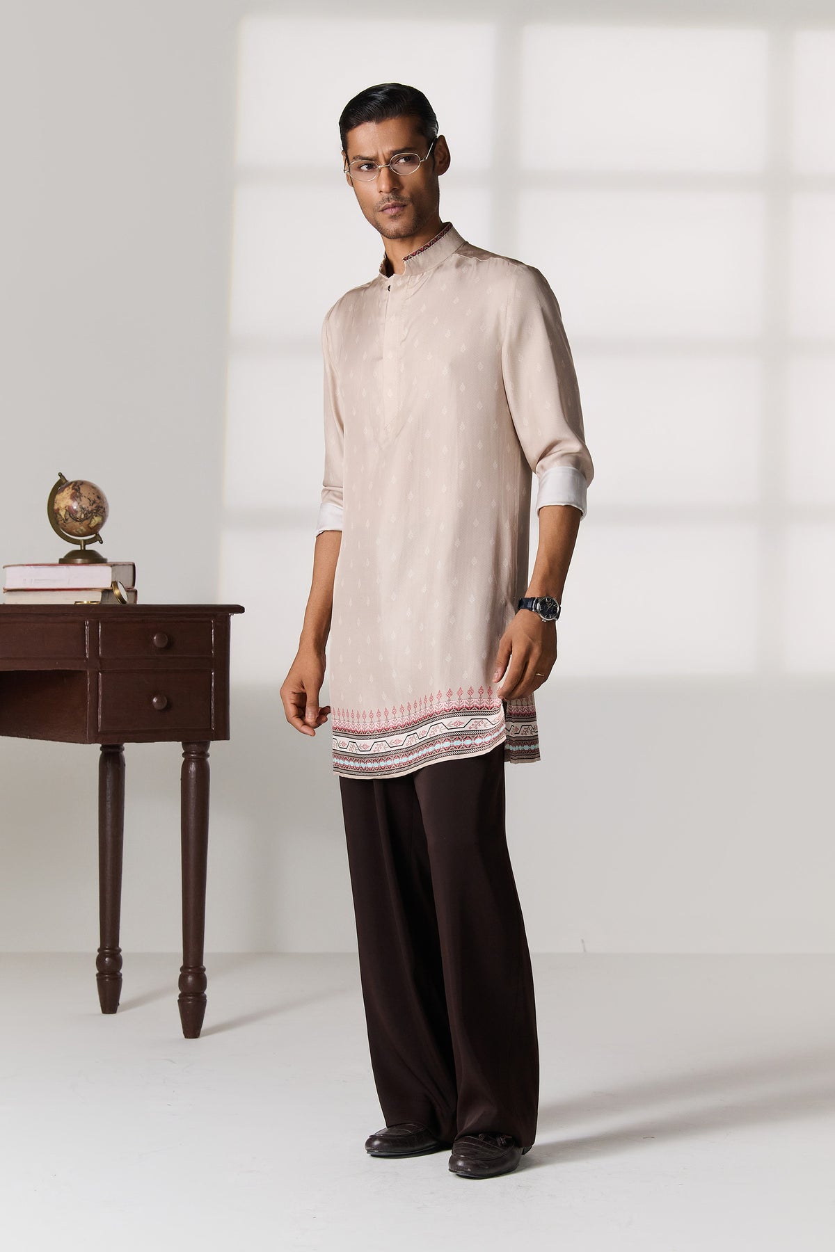 Beige Silk Twill Kurta with Woven Border