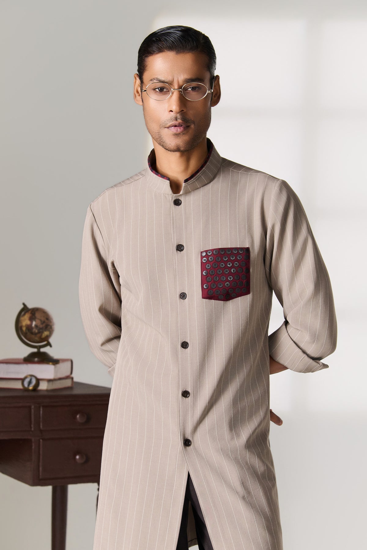 Beige Striped Kurta with Contrast Pocket