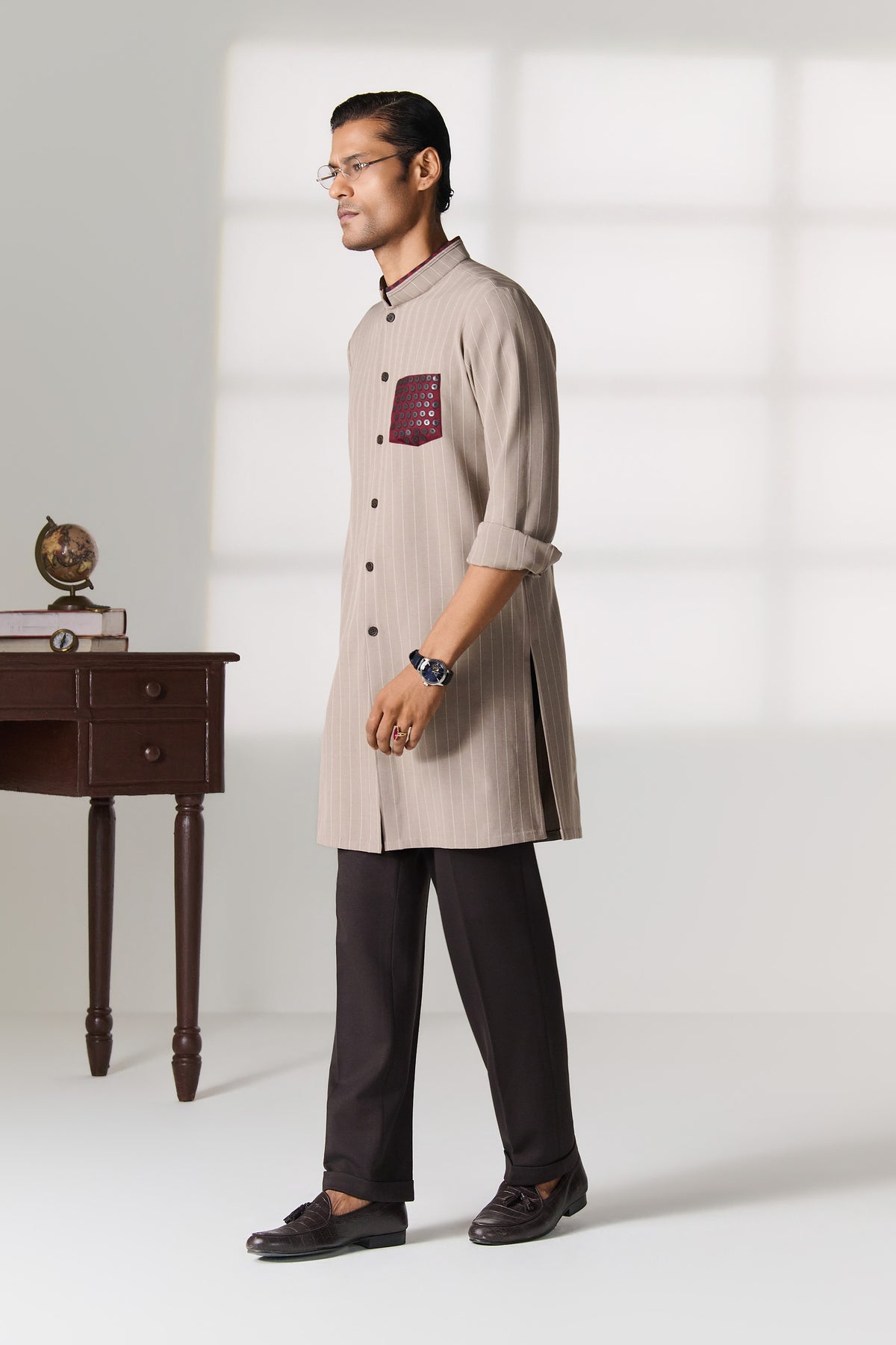 Beige Striped Kurta with Contrast Pocket