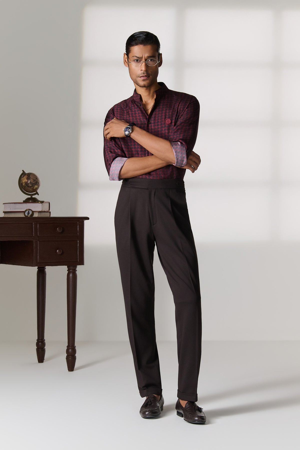 Wine Printed Silk Mandarin Collar Shirt