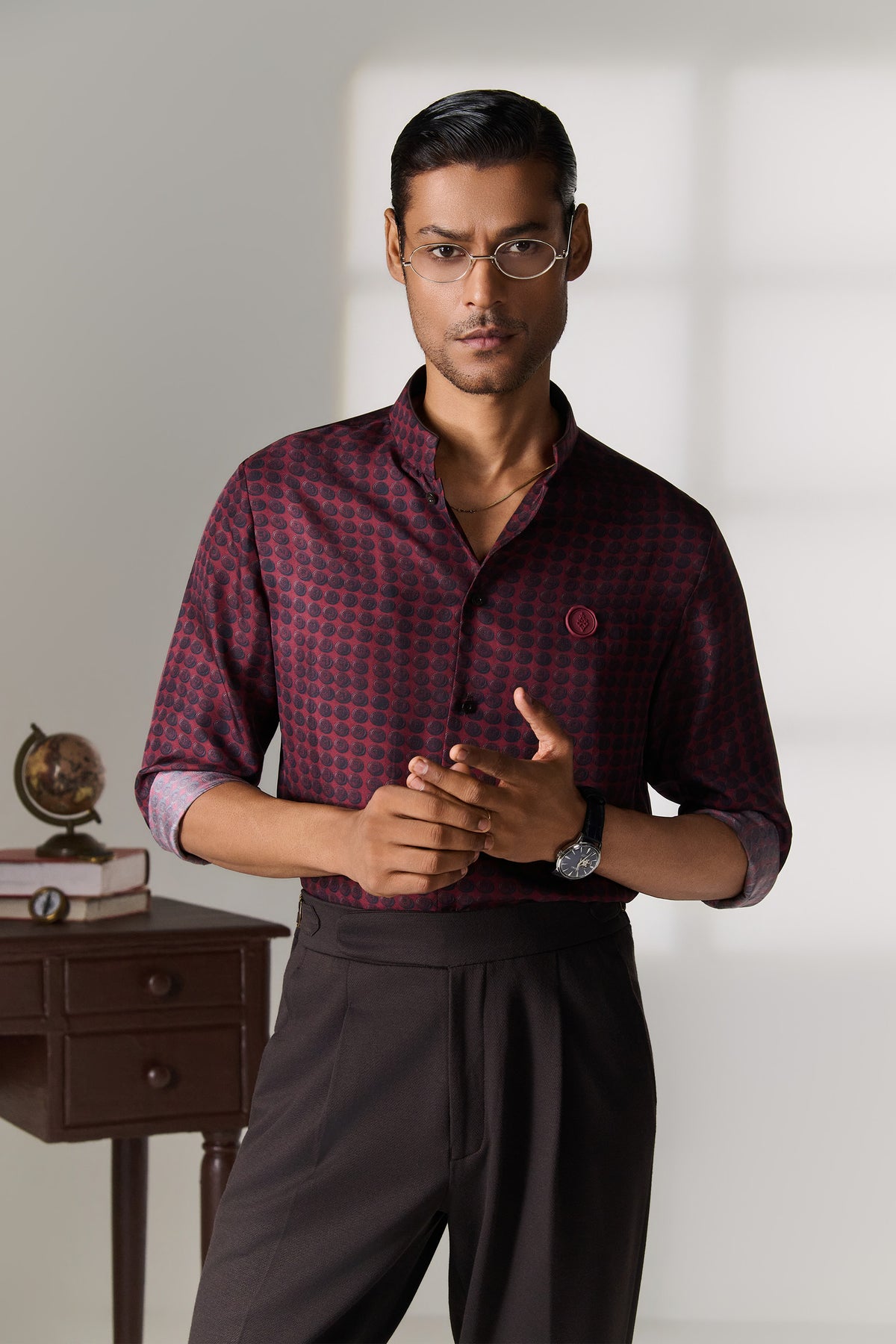 Wine Printed Silk Mandarin Collar Shirt