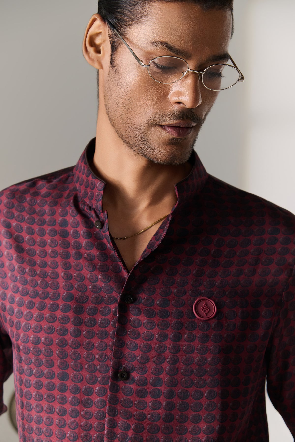 Wine Printed Silk Mandarin Collar Shirt