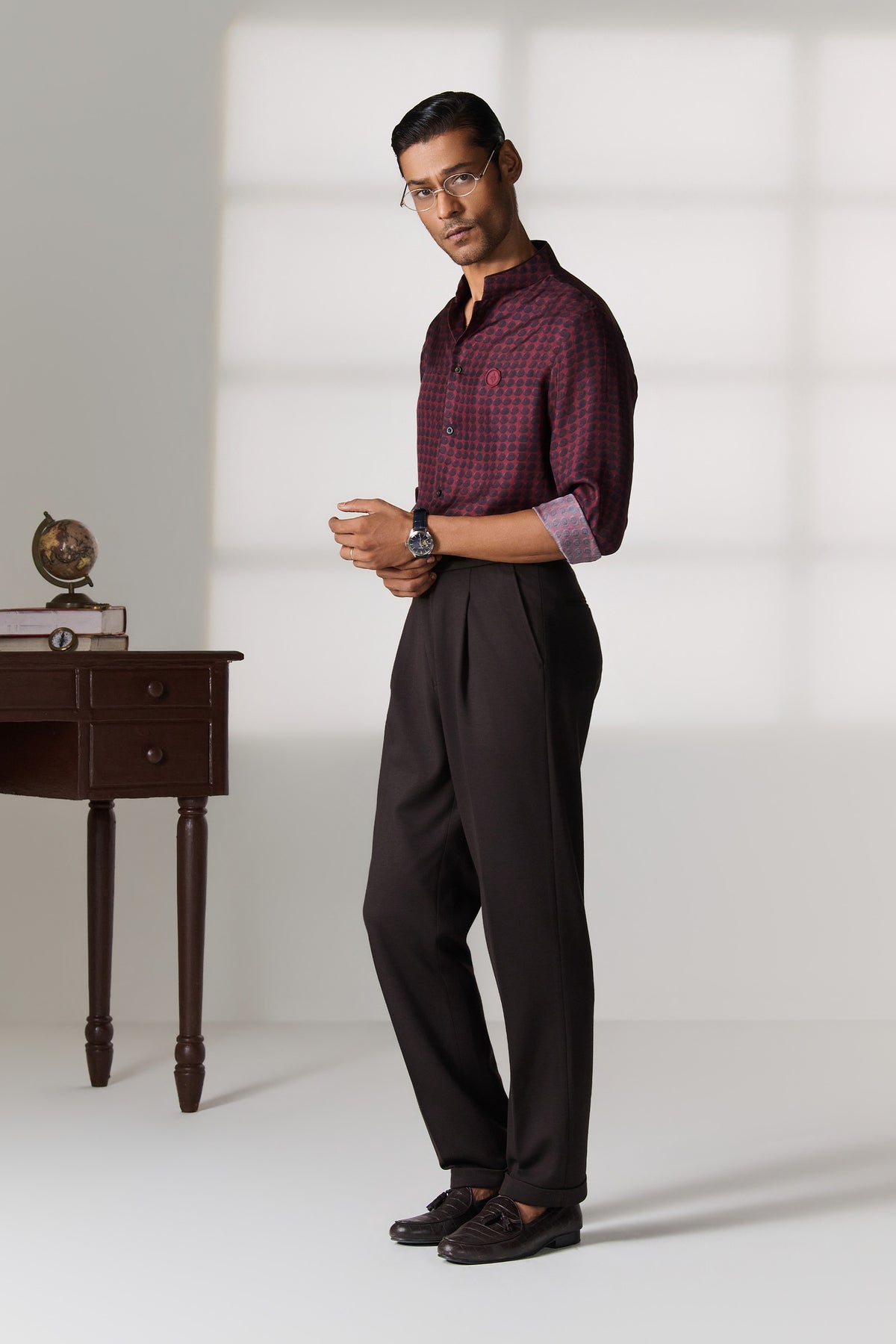 Wine Printed Silk Mandarin Collar Shirt