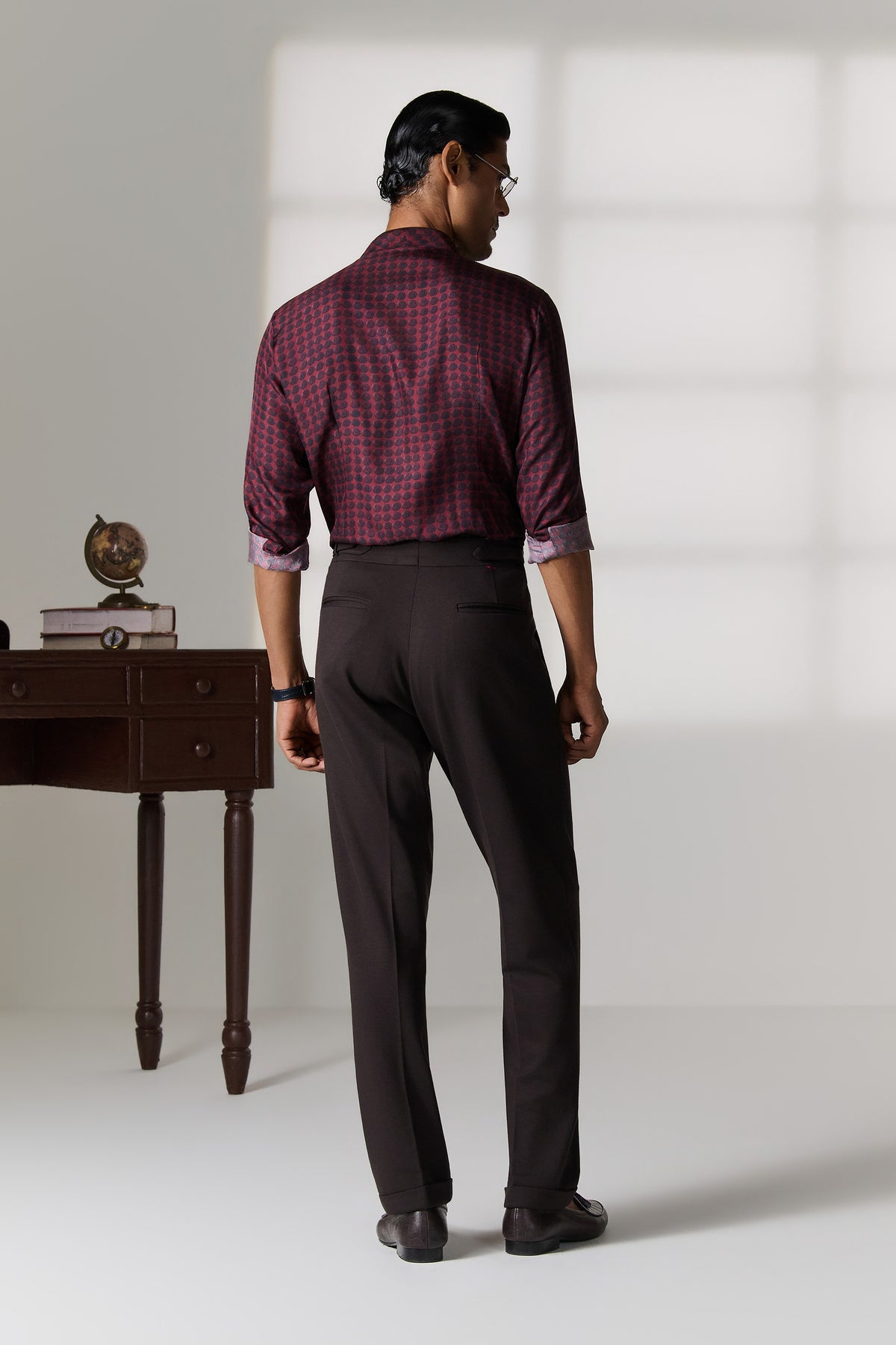 Wine Printed Silk Mandarin Collar Shirt