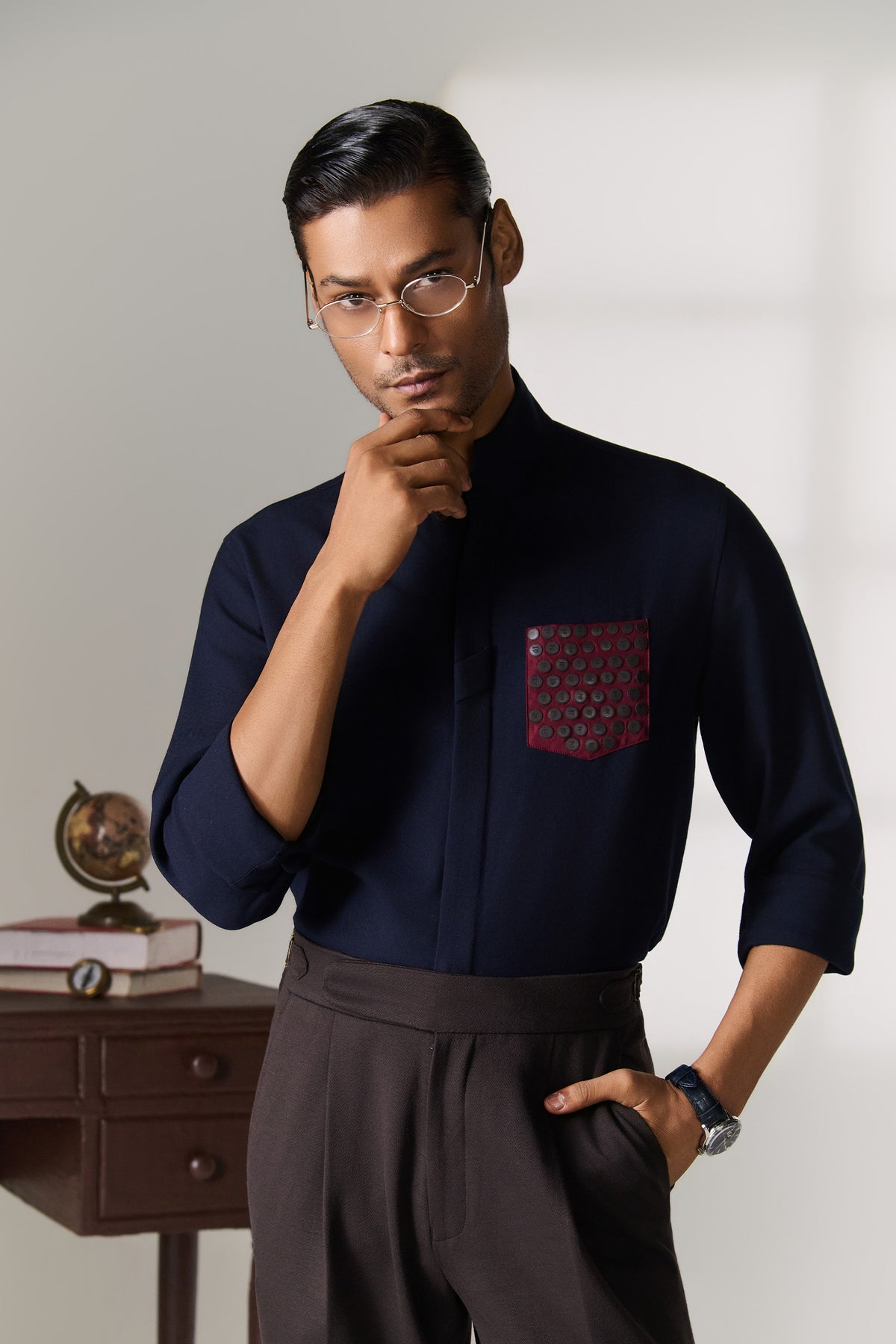 Navy Shirt with Contrast Printed Patch Pocket