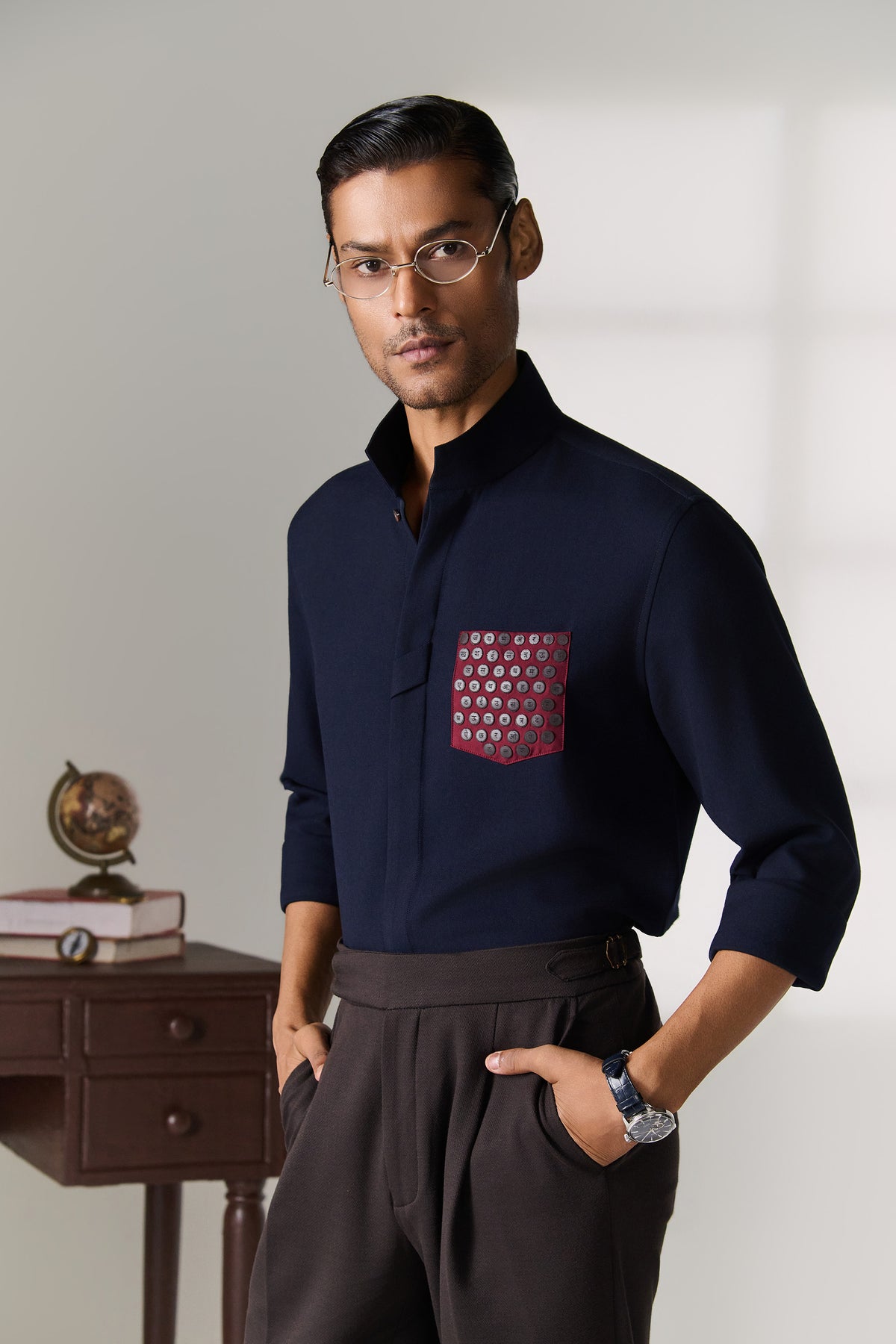 Navy Shirt with Contrast Printed Patch Pocket