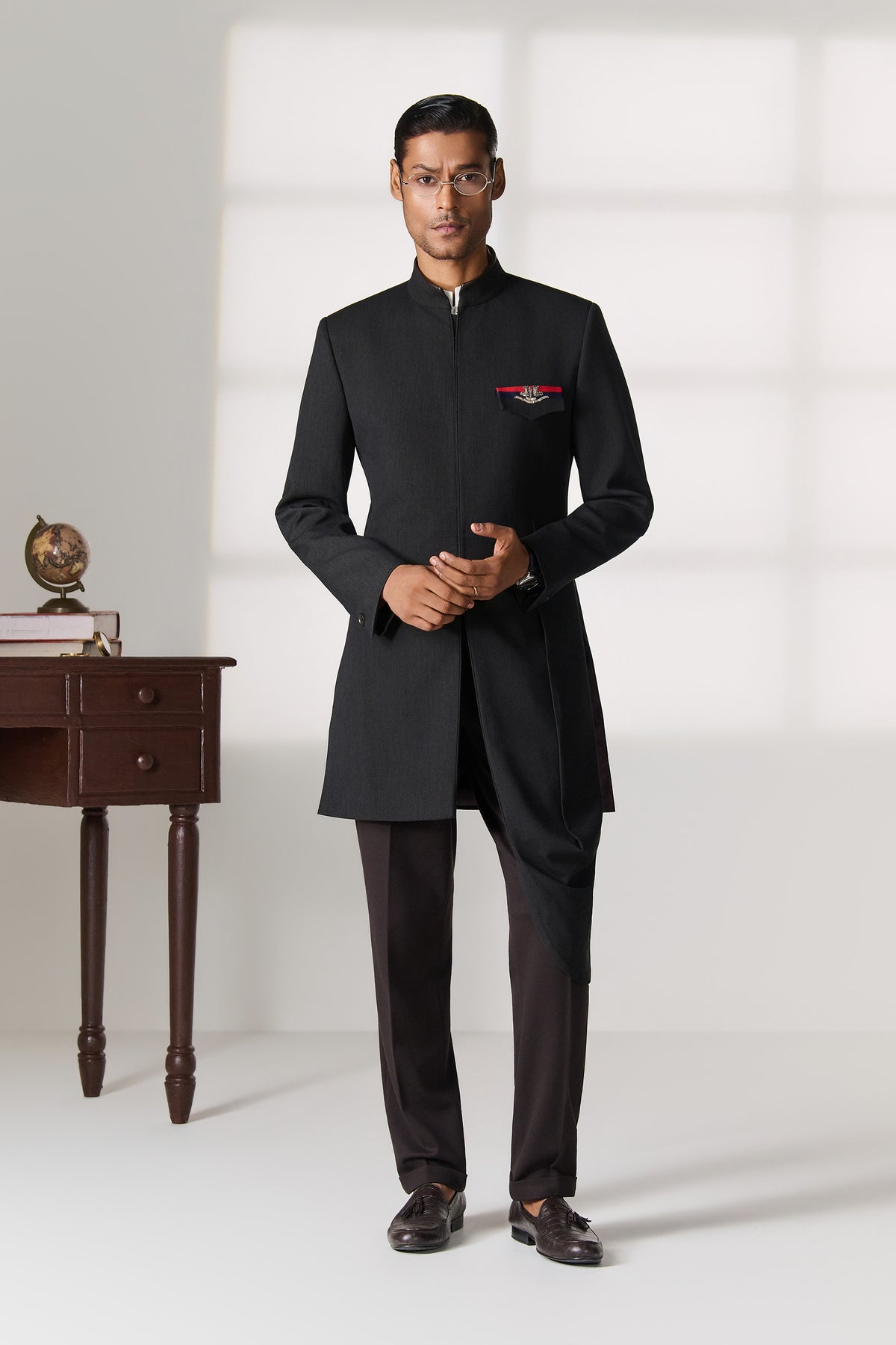 Charcoal Long Sherwani with Tricolour Pocket Detail