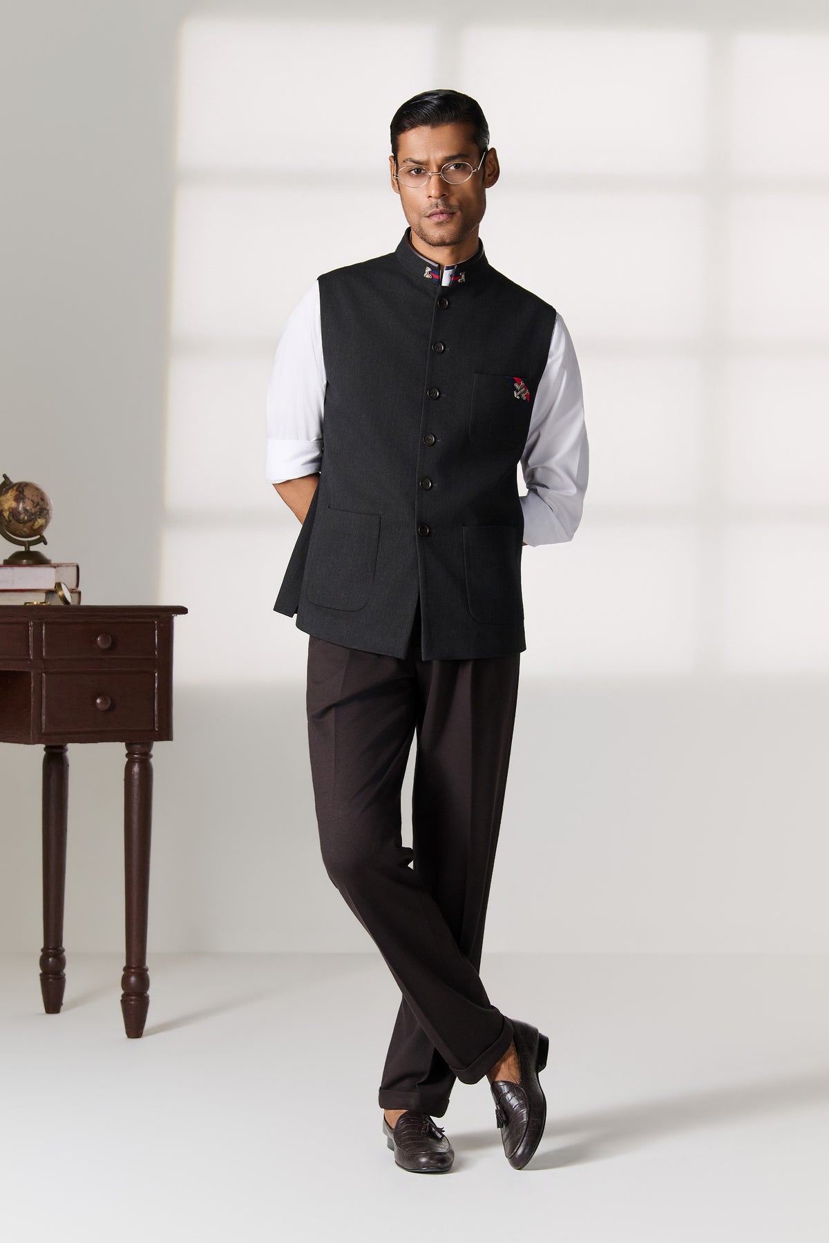 Charcoal Waistcoat with Embroidered Pocket Motif