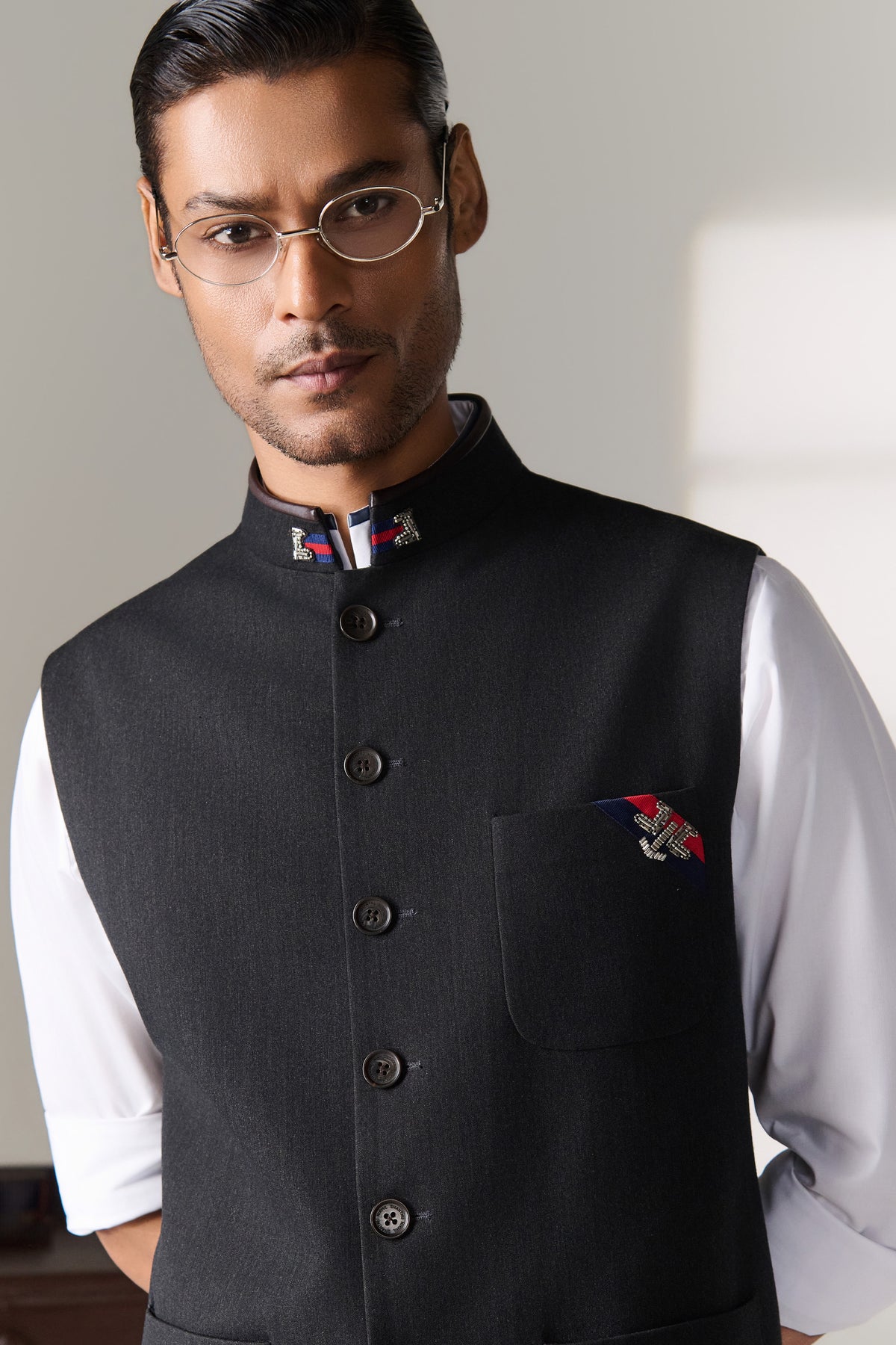 Charcoal Waistcoat with Embroidered Pocket Motif