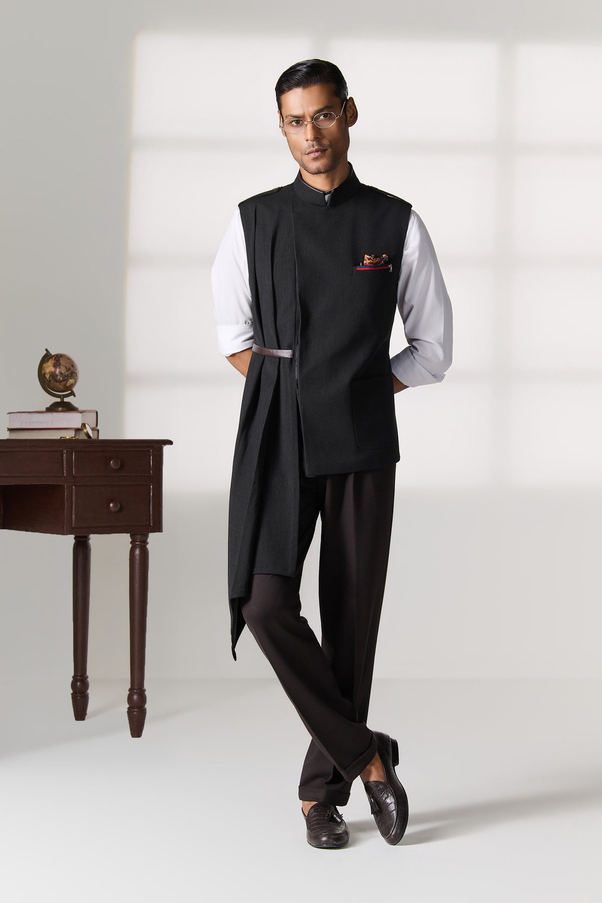 Black Asymmetric Drape Waistcoat with Belt