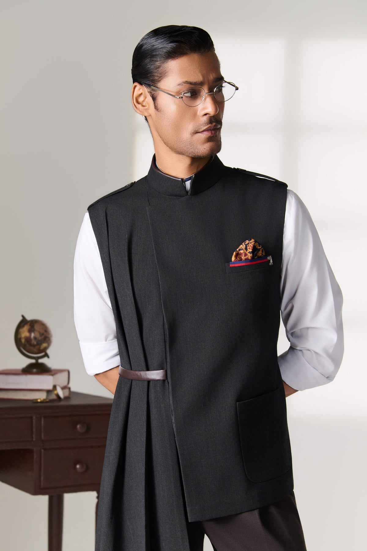 Black Asymmetric Drape Waistcoat with Belt