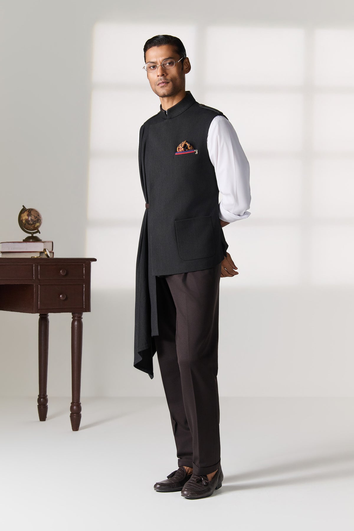 Black Asymmetric Drape Waistcoat with Belt