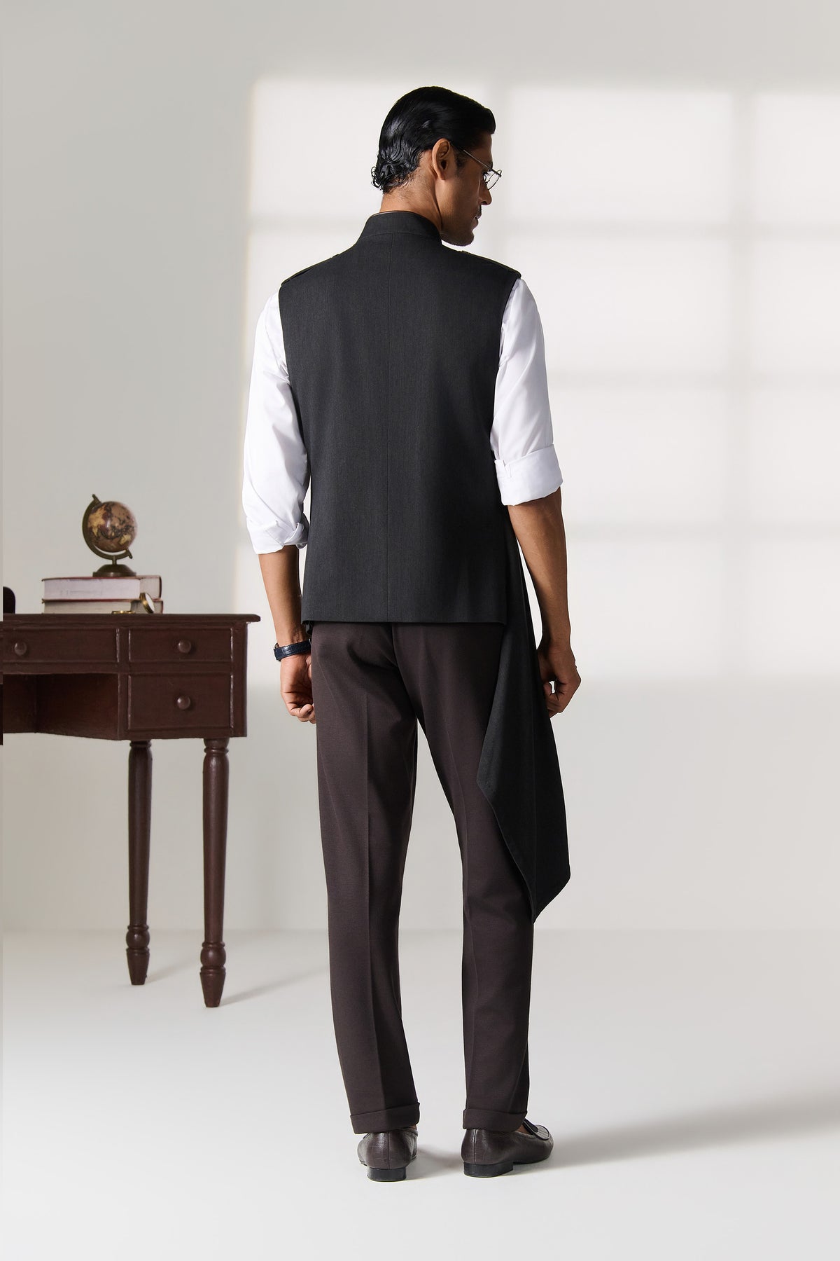 Black Asymmetric Drape Waistcoat with Belt