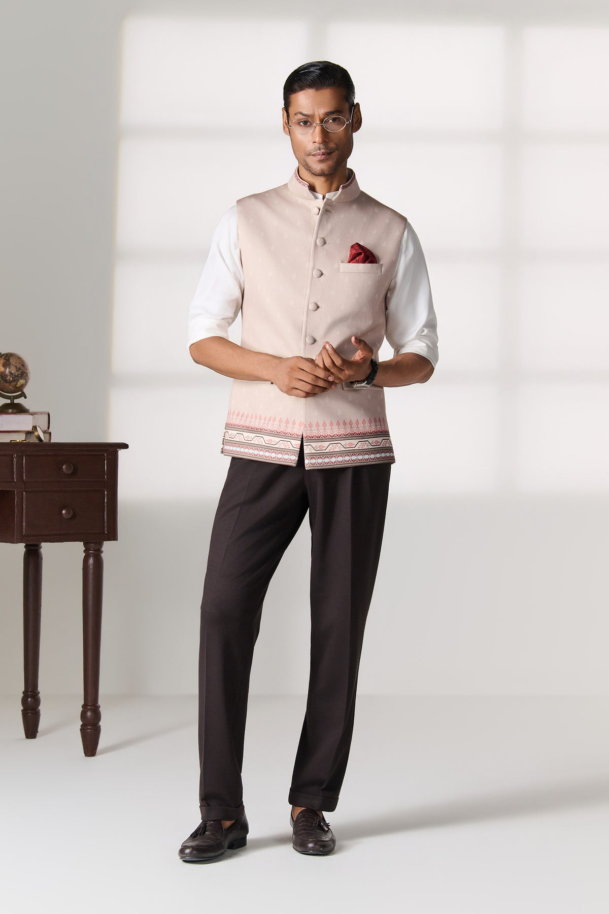Beige Printed Waistcoat with Woven Border