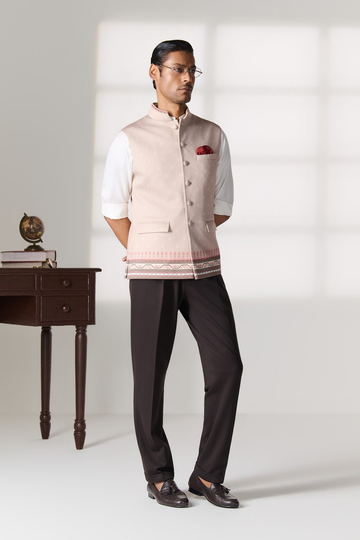 Beige Printed Waistcoat with Woven Border