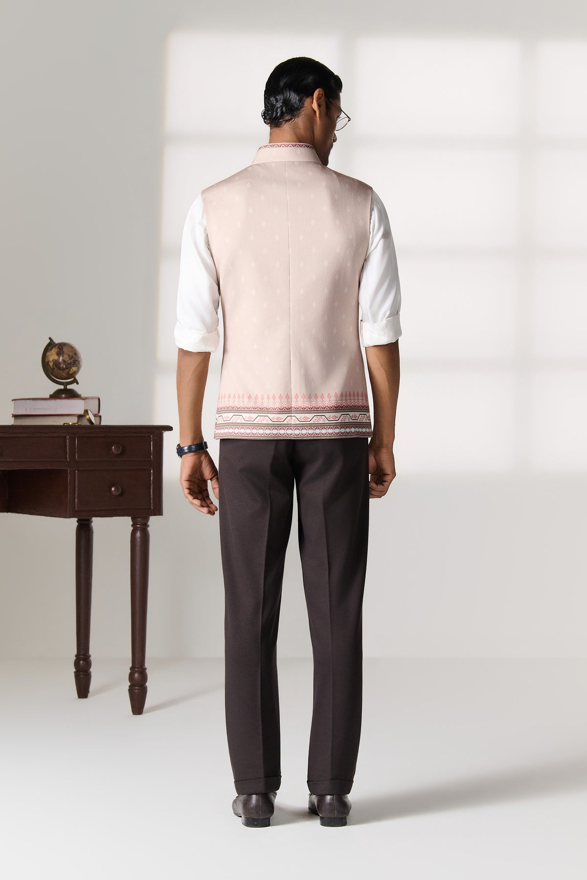 Beige Printed Waistcoat with Woven Border