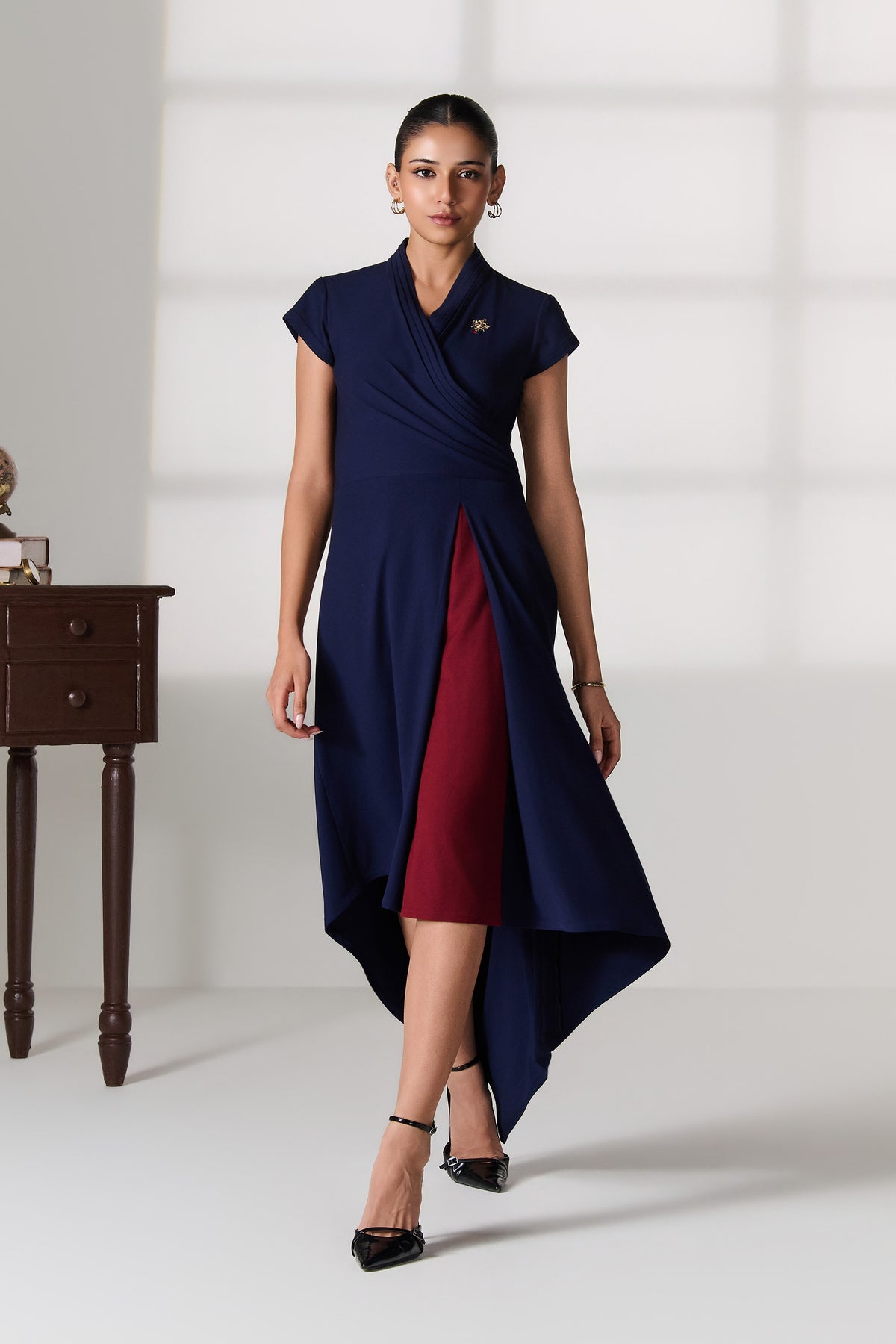 Navy Wrap Dress with Brooch Detail
