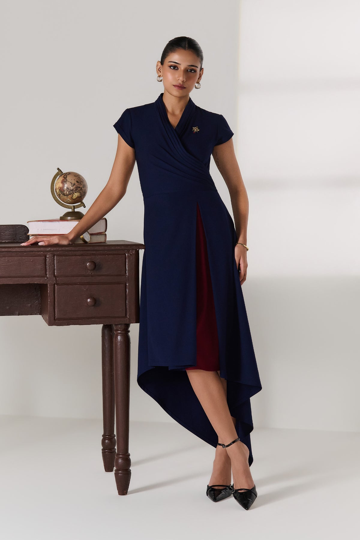 Navy Wrap Dress with Brooch Detail
