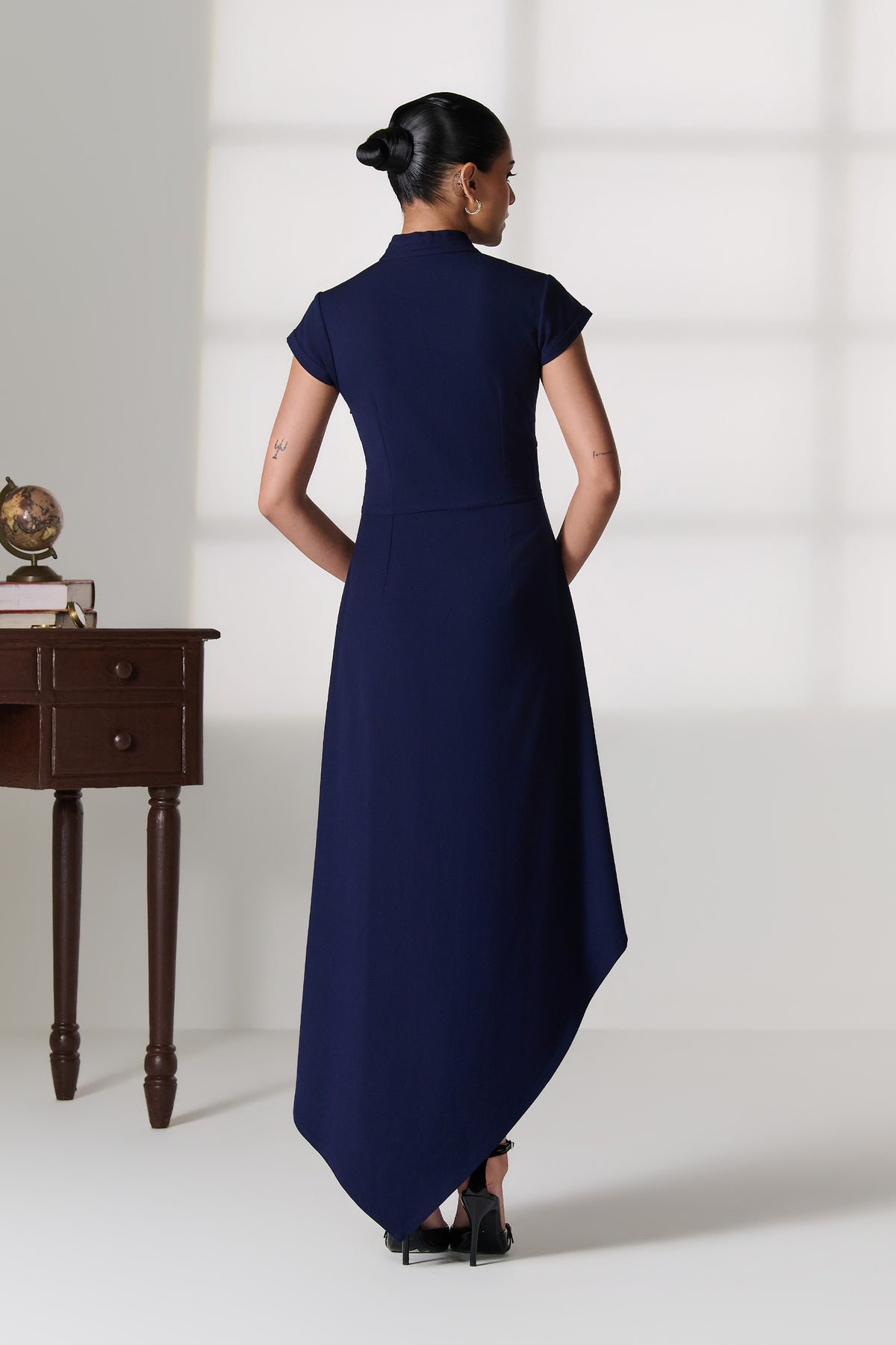 Navy Wrap Dress with Brooch Detail