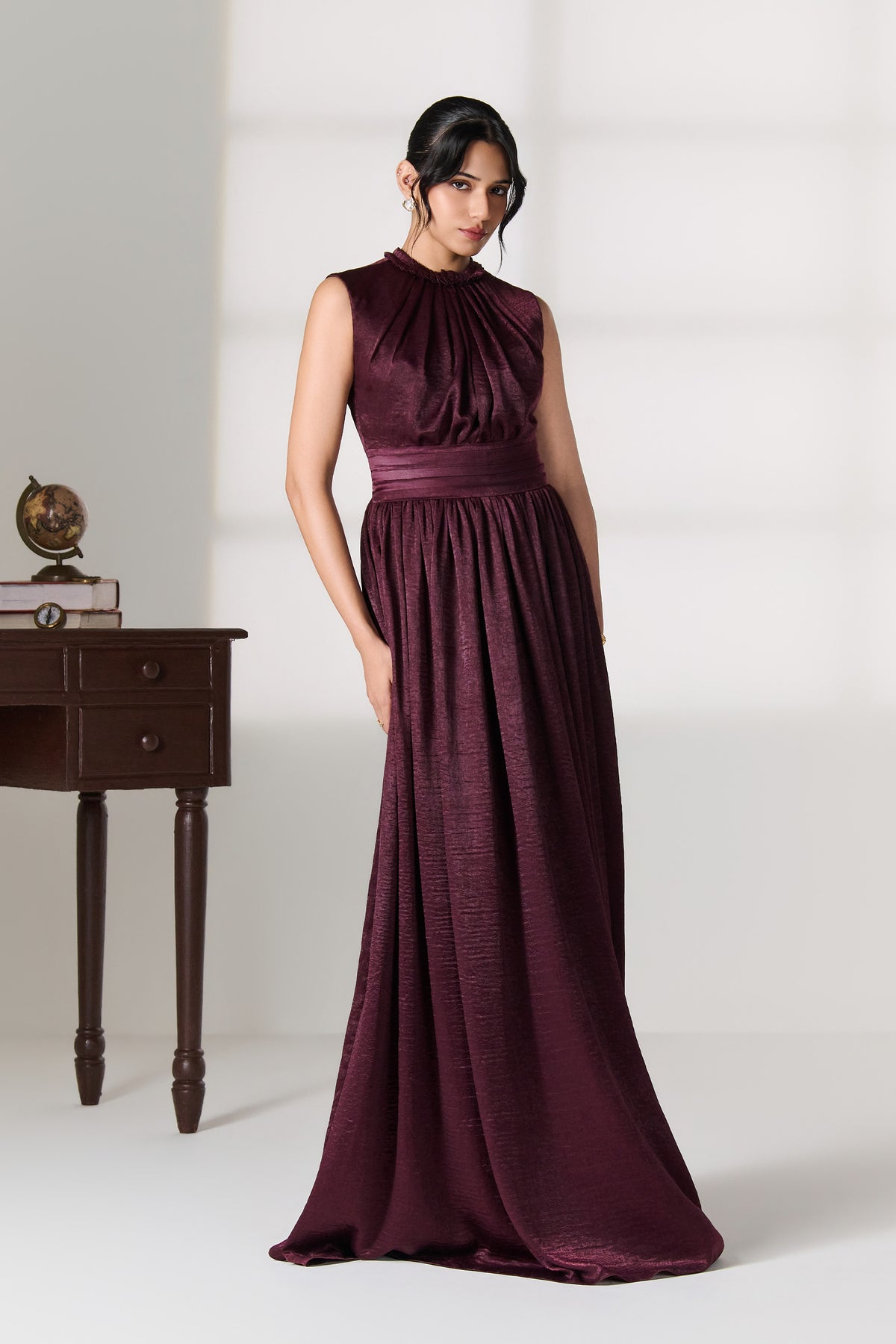 Plum Metallic Pleated Dress