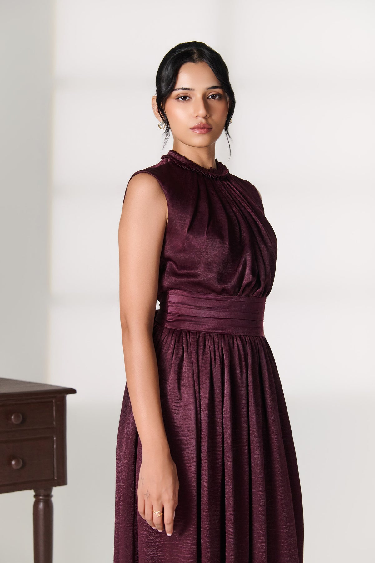 Plum Metallic Pleated Dress