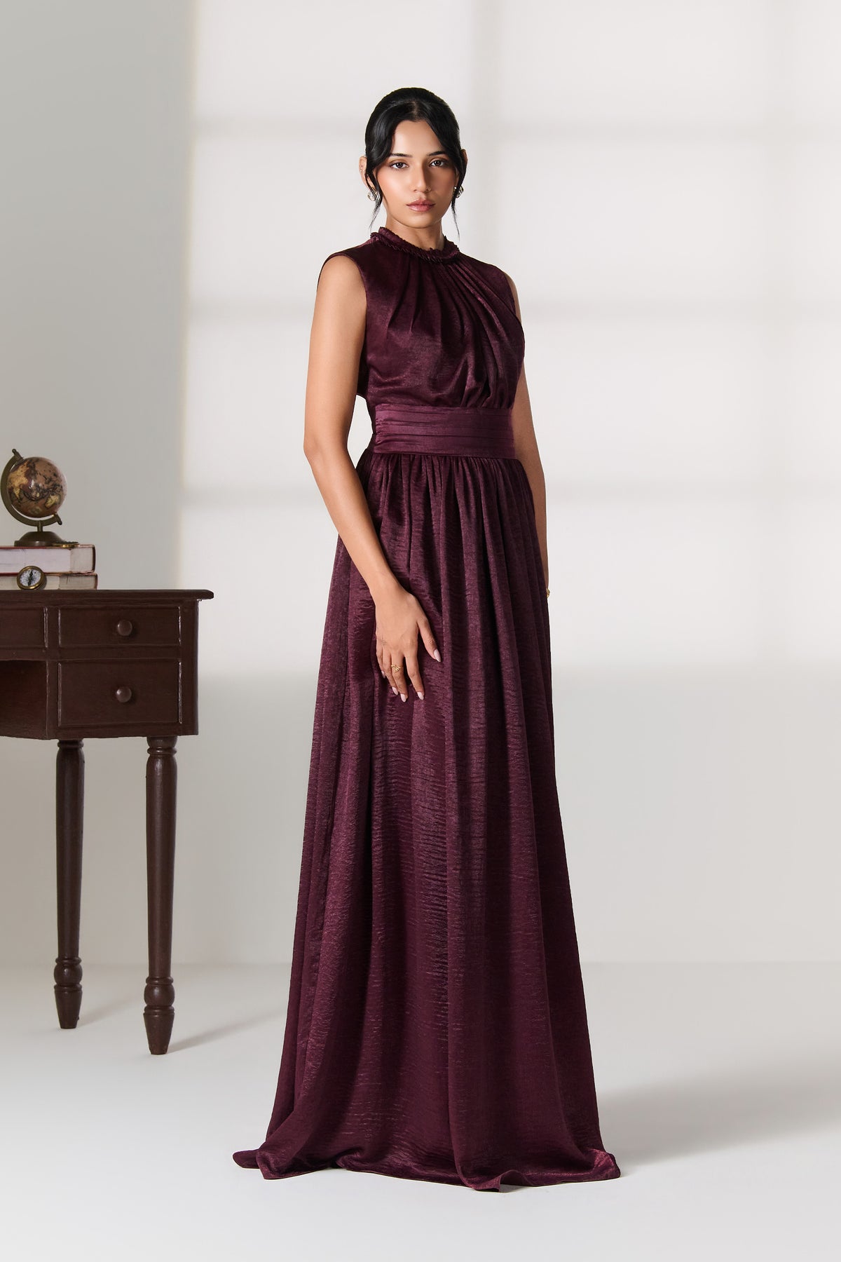 Plum Metallic Pleated Dress