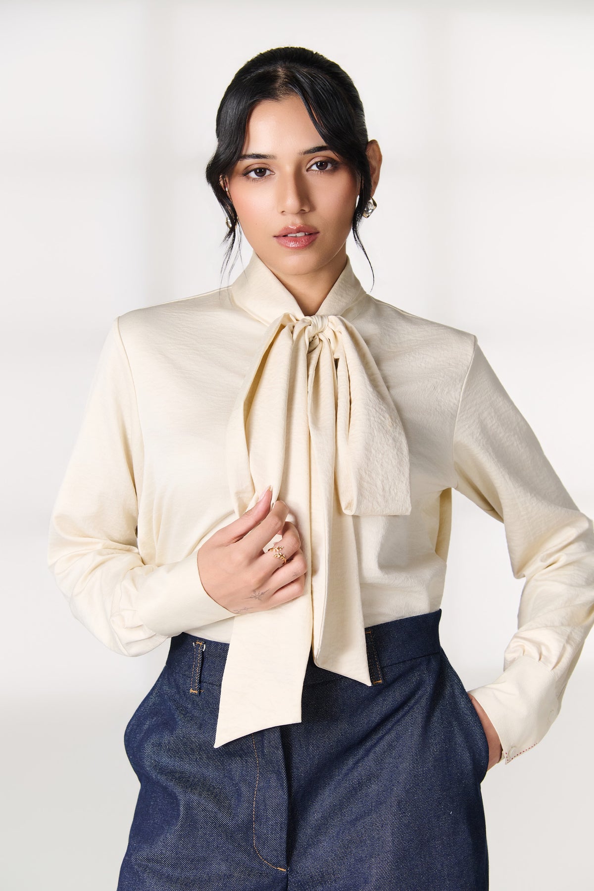 Ivory Silk Tie-Neck Blouse