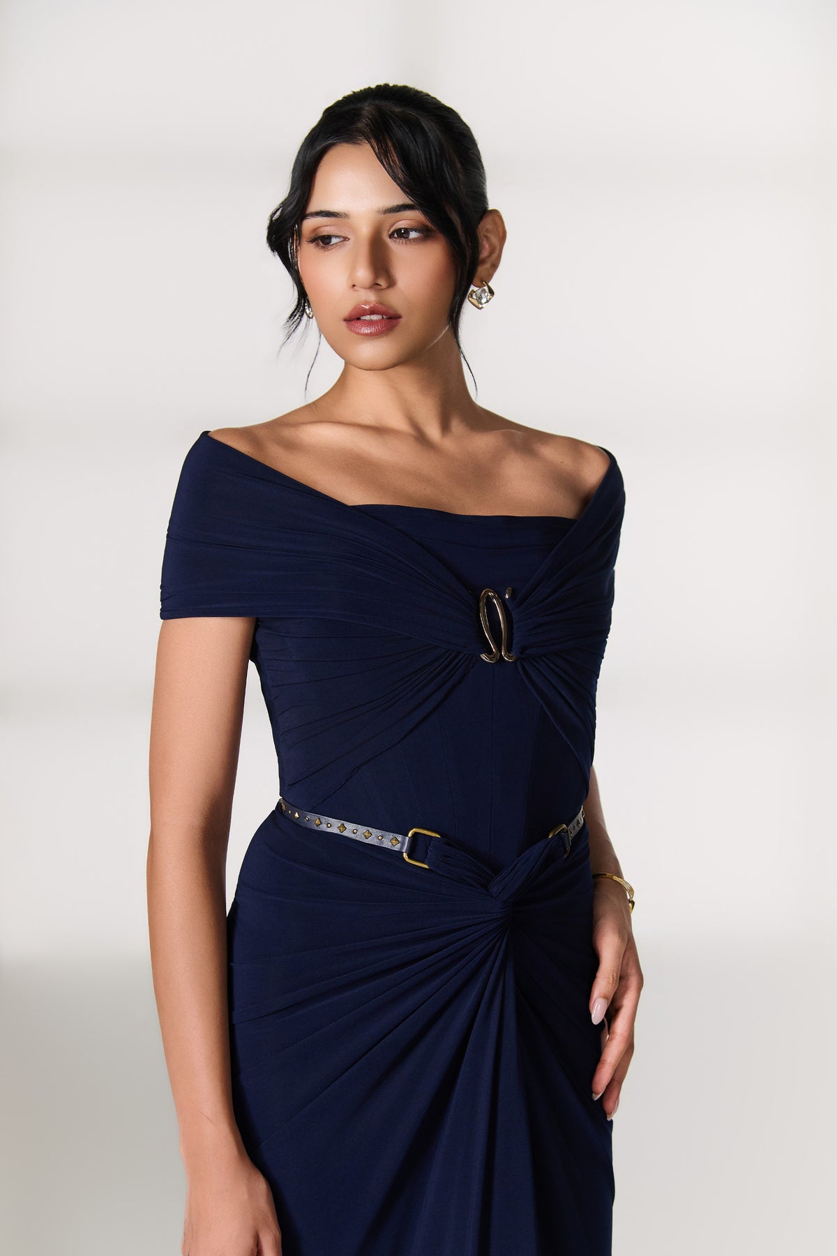 Navy Off-Shoulder Wrap Top